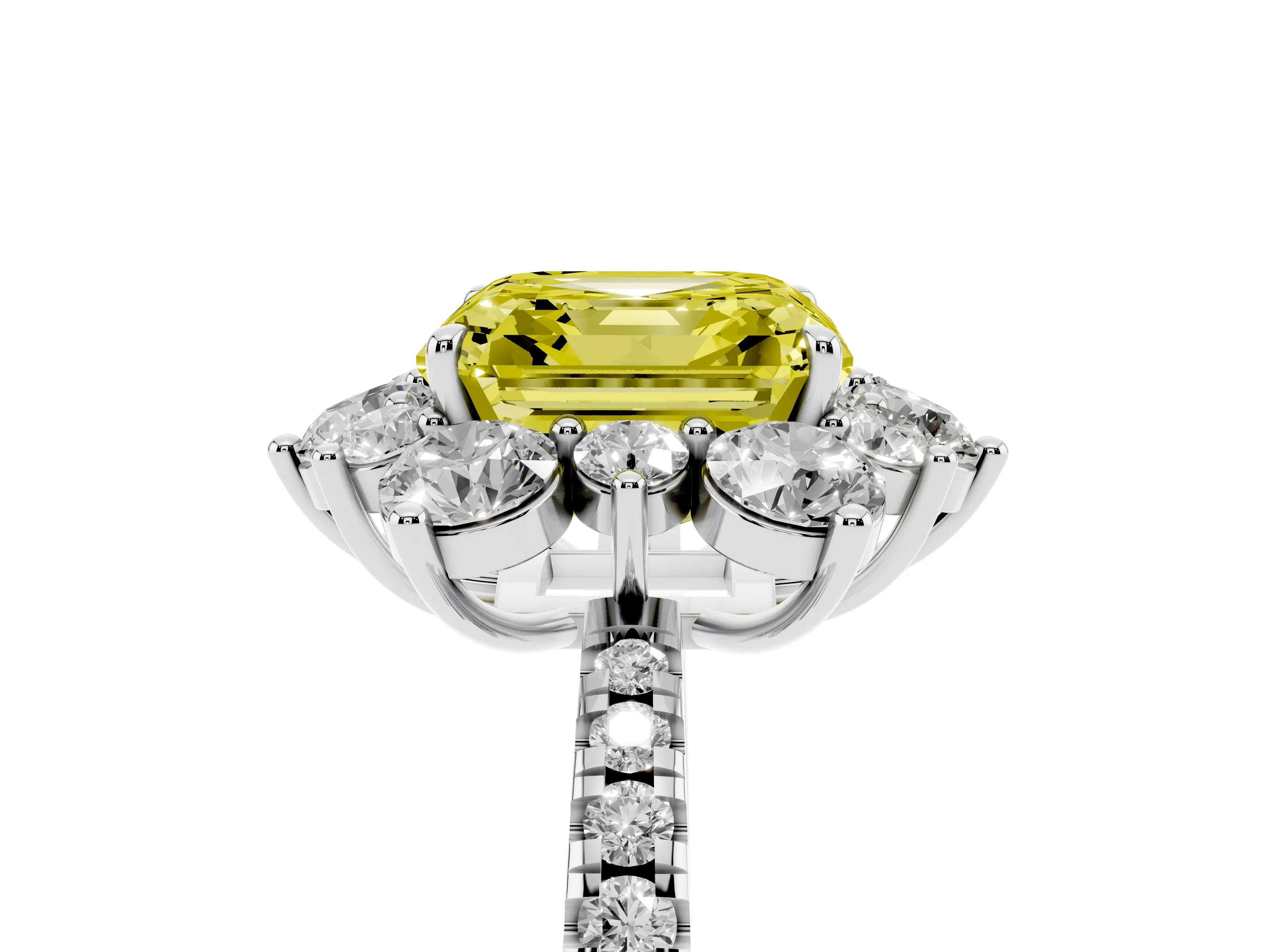 Fancy Yellow Asscher Cut Diamond Floral Halo Ring Set in White gold with Round Pavé Band and Prong Setting