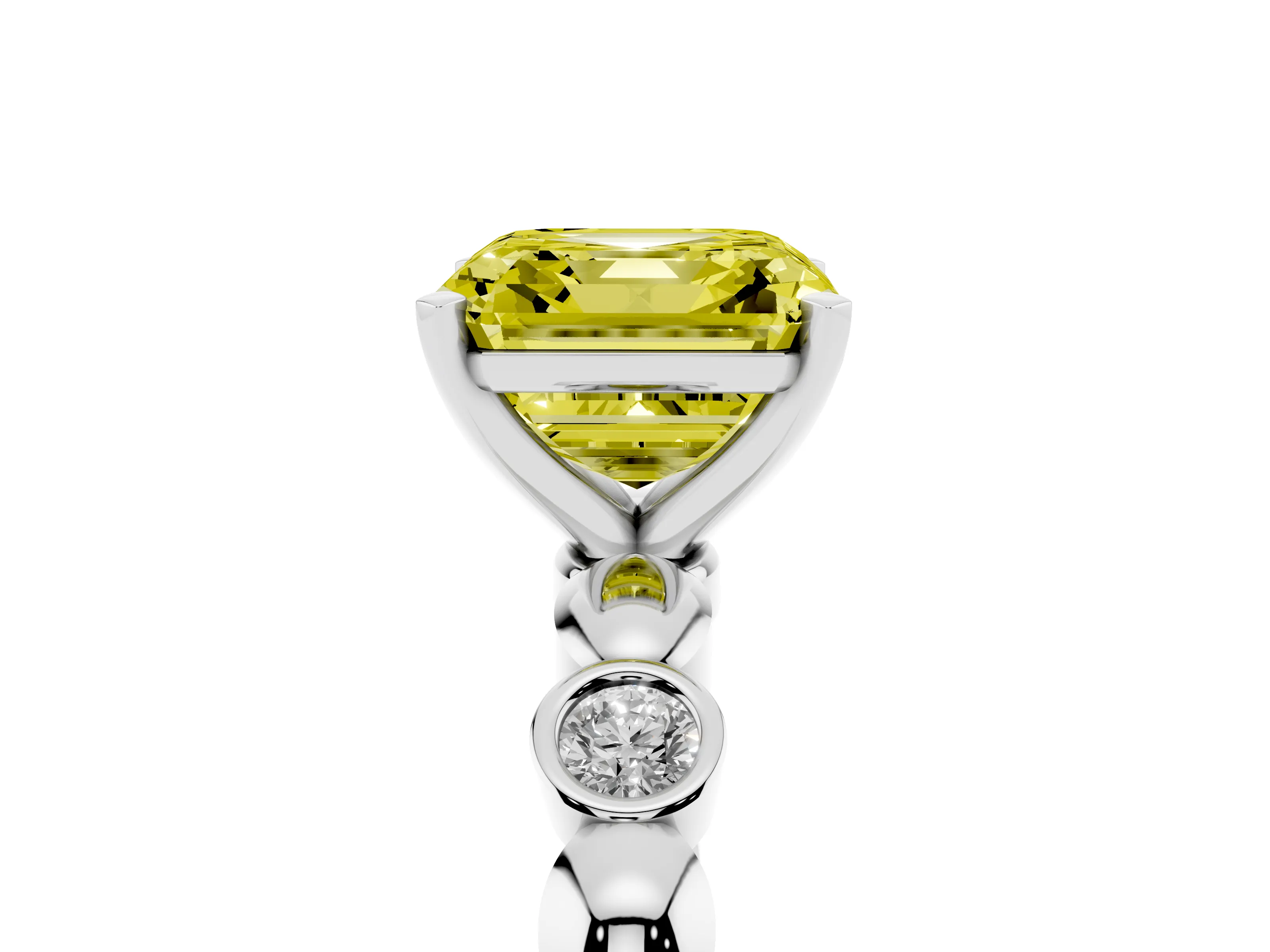 Fancy Yellow Asscher Cut Diamond Solitaire Ring Set in White gold with Bezel-Set Accents on Beaded Band and Prong Setting