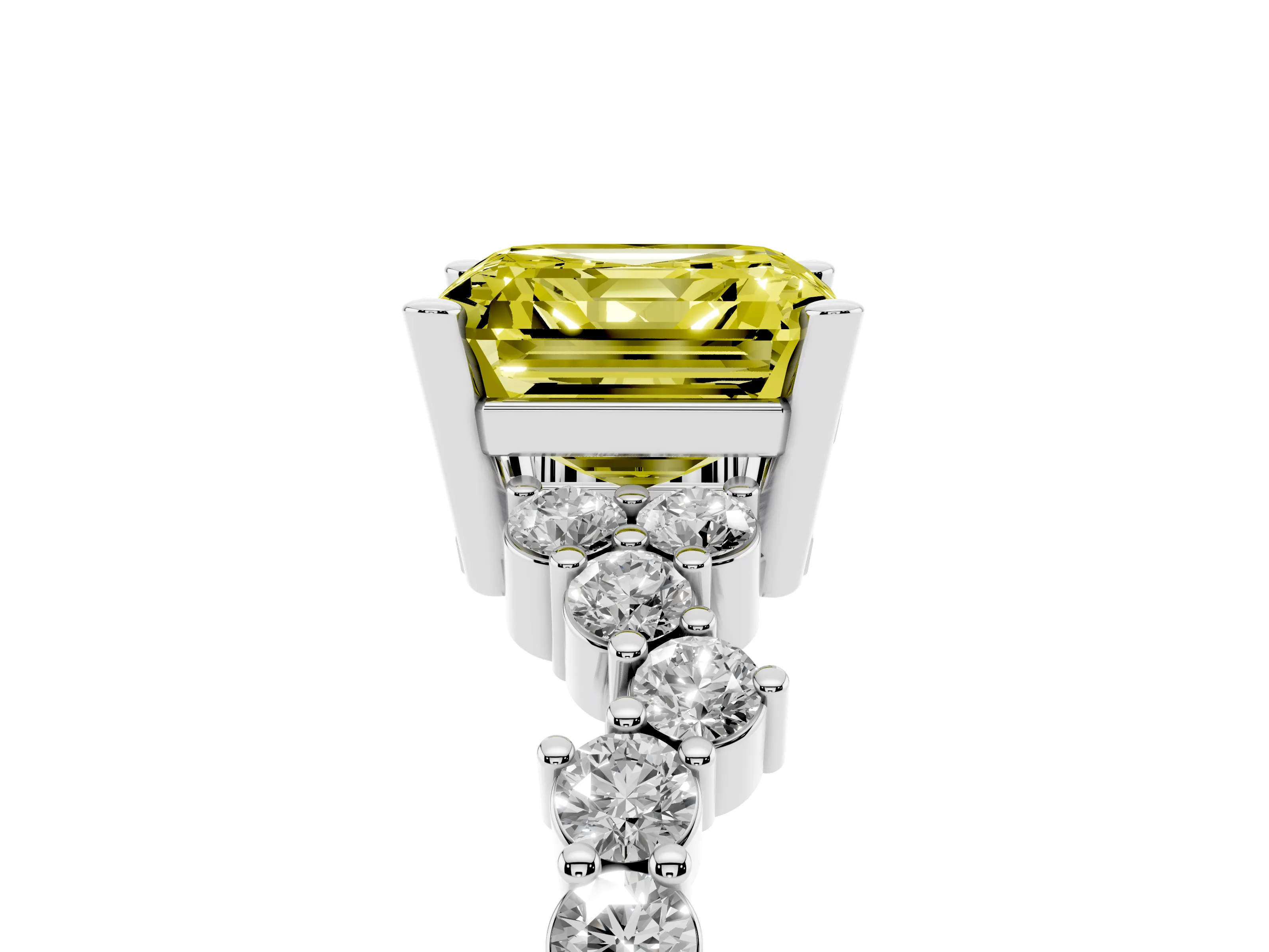 Fancy Yellow Asscher Cut Diamond Ring Set in Platinum with Scattered Round Accents