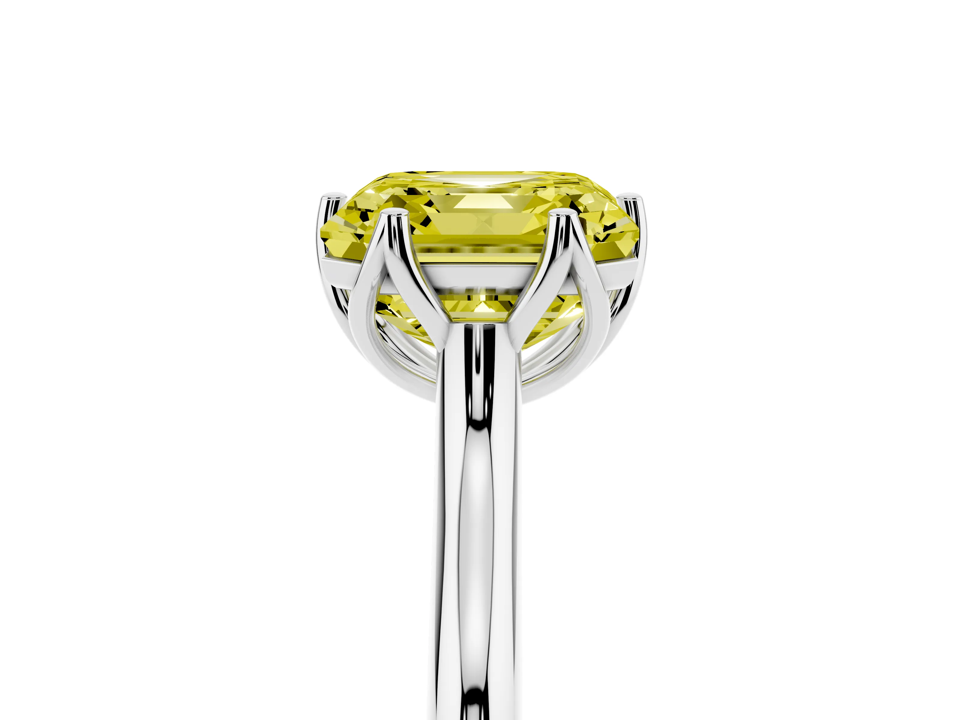 Fancy Yellow Asscher Cut Diamond Solitaire Cathedral Ring Set in Platinum with Prong Setting