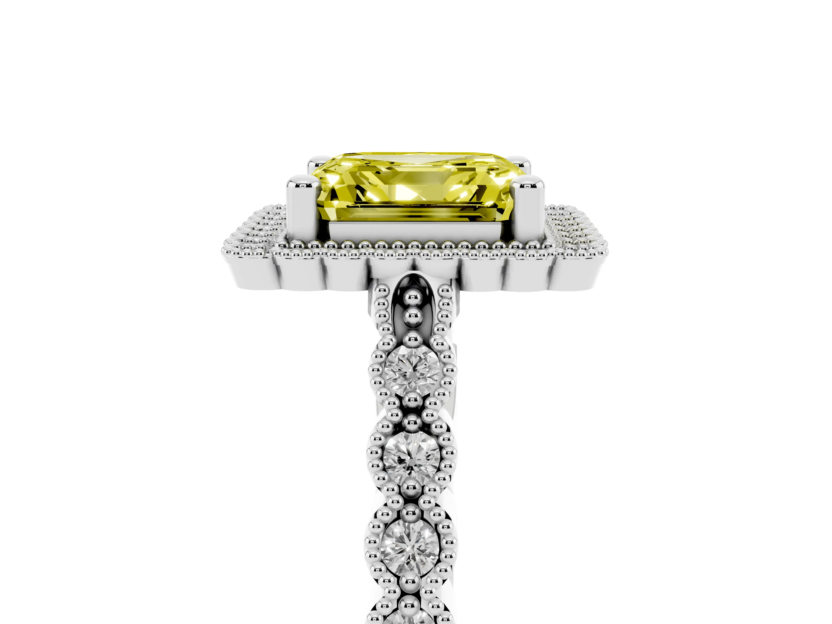 Fancy Yellow Asscher Cut Diamond Halo Ring Set in Platinum with Pavé Milgrain Band