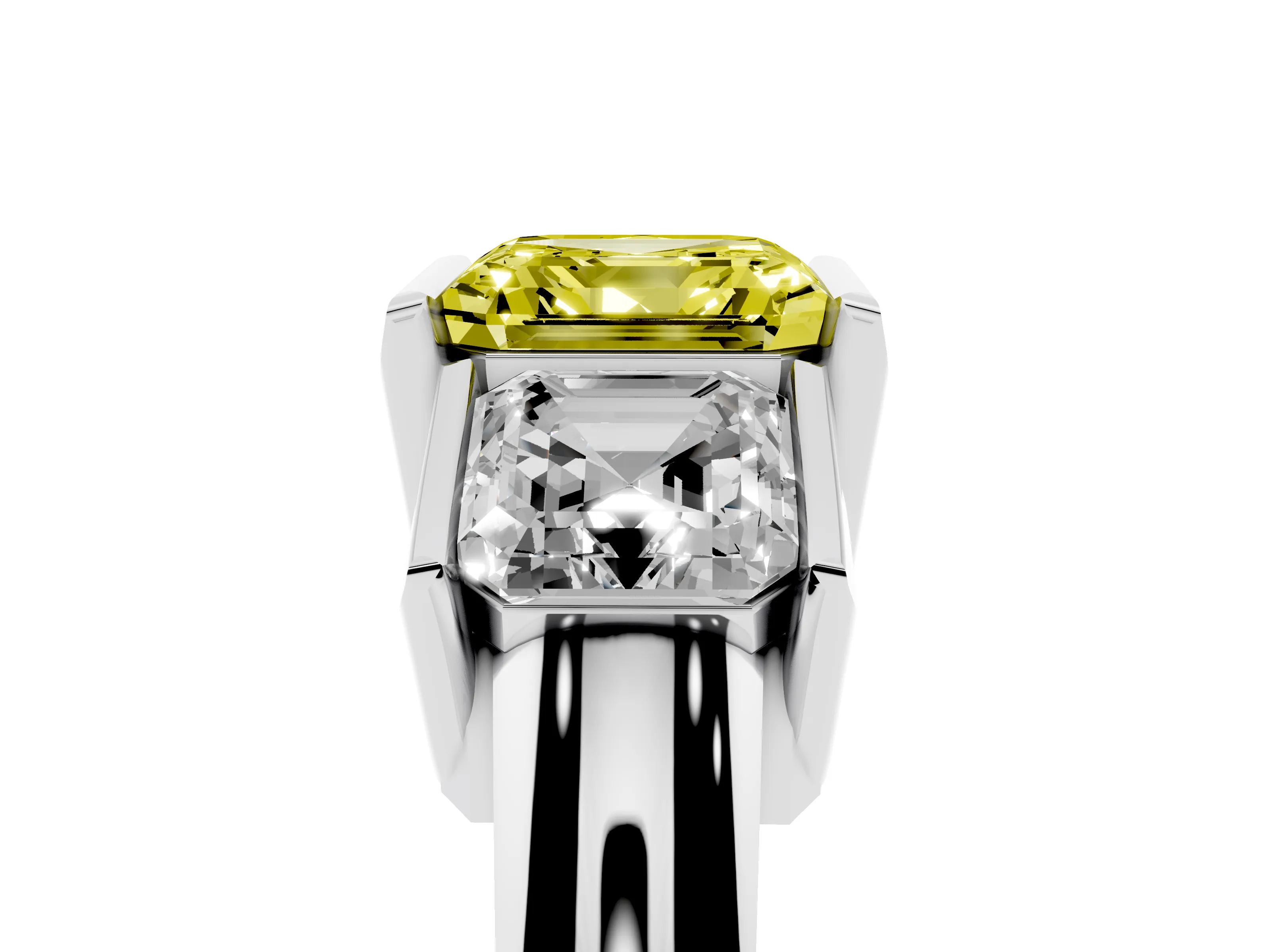 Fancy Yellow Asscher Cut Diamond Three-Stone Channel Set Ring Set in White gold with Smooth Polished Band