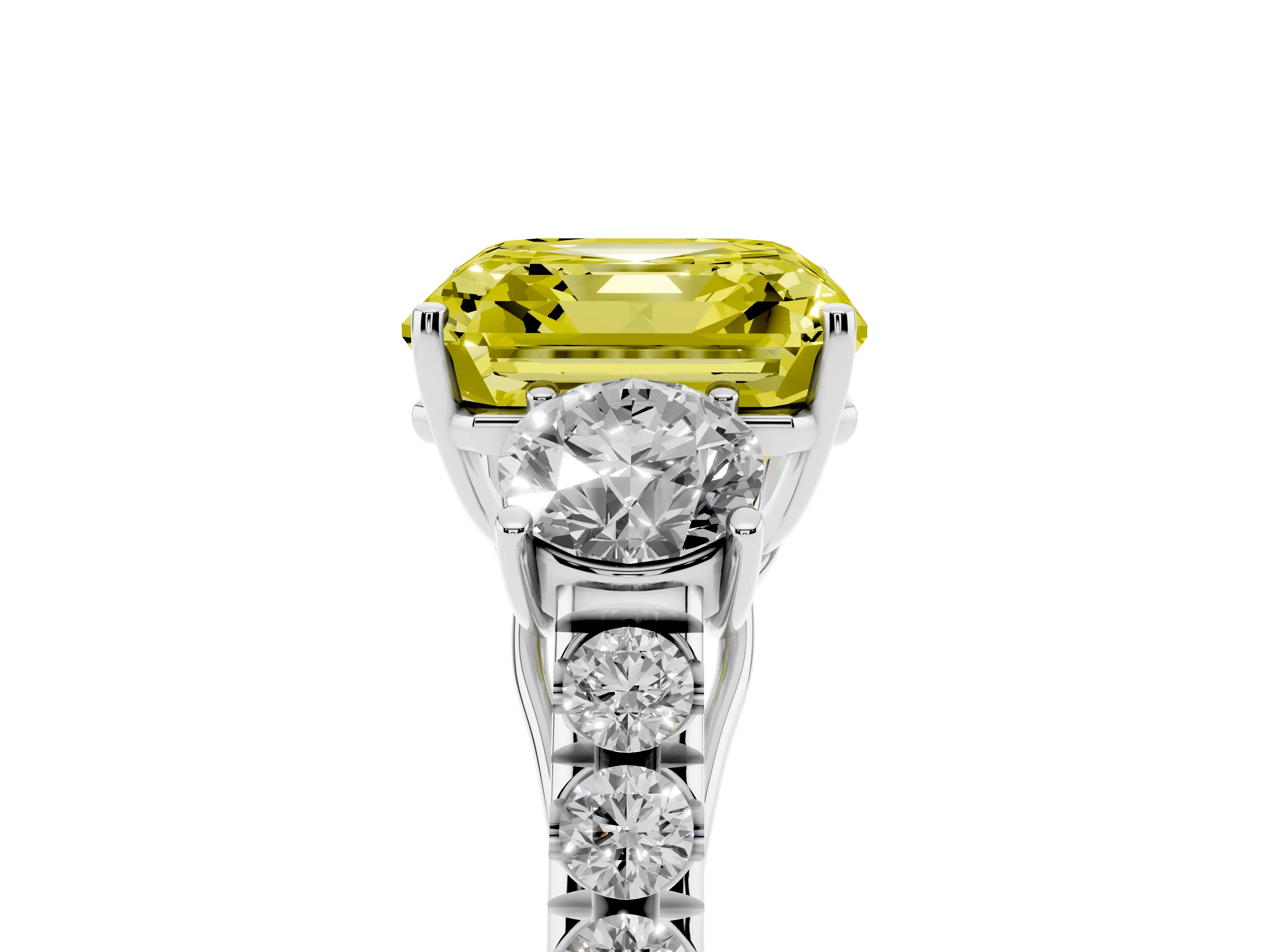 Fancy Yellow Asscher Cut Diamond Three-Stone Ring Set in Platinum with Round Side Stones and Delicate Pavé Band