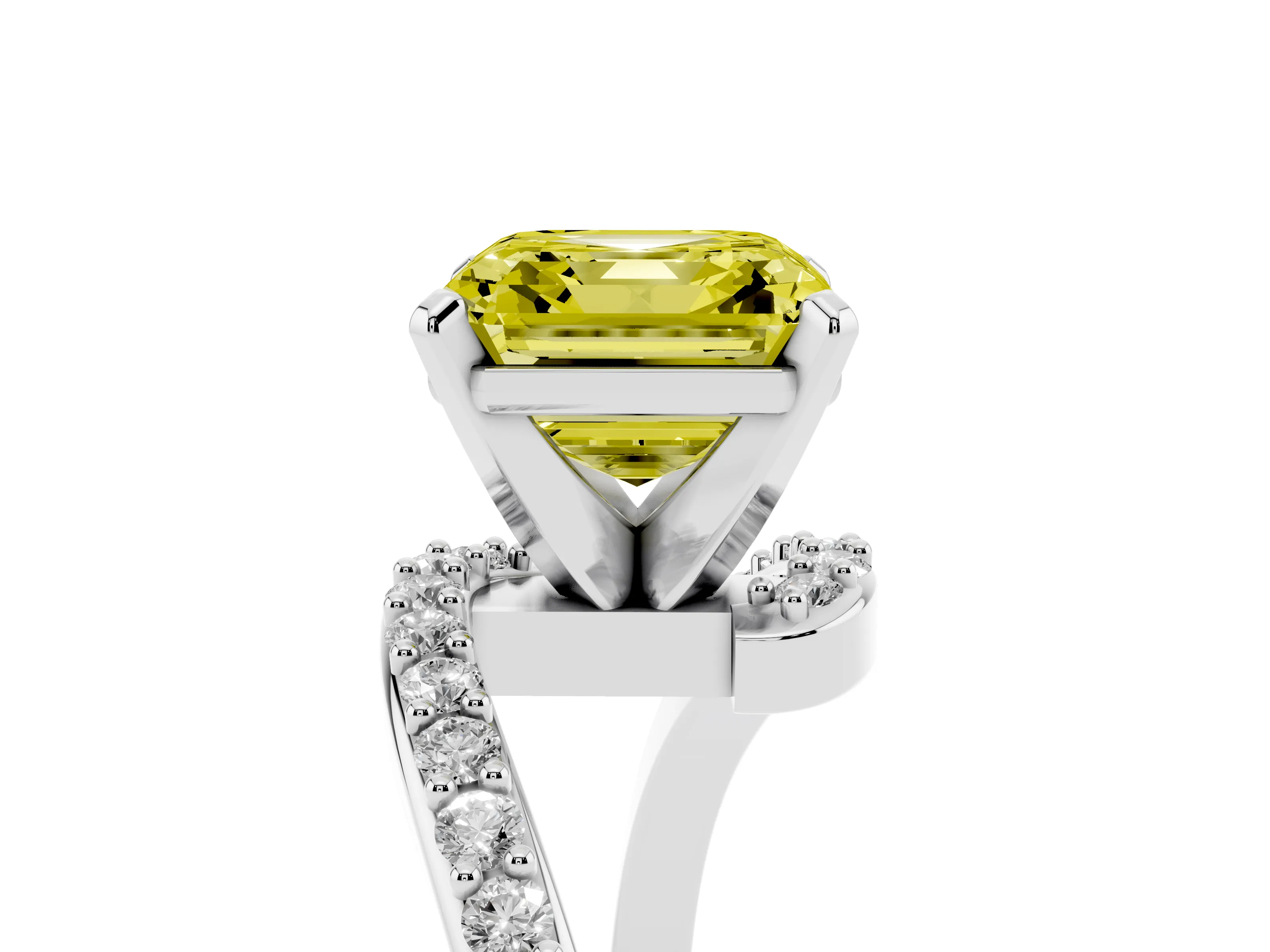 Fancy Yellow Asscher Cut Diamond Solitaire Ring Set in Platinum with Pavé Twist Band and Prong Setting
