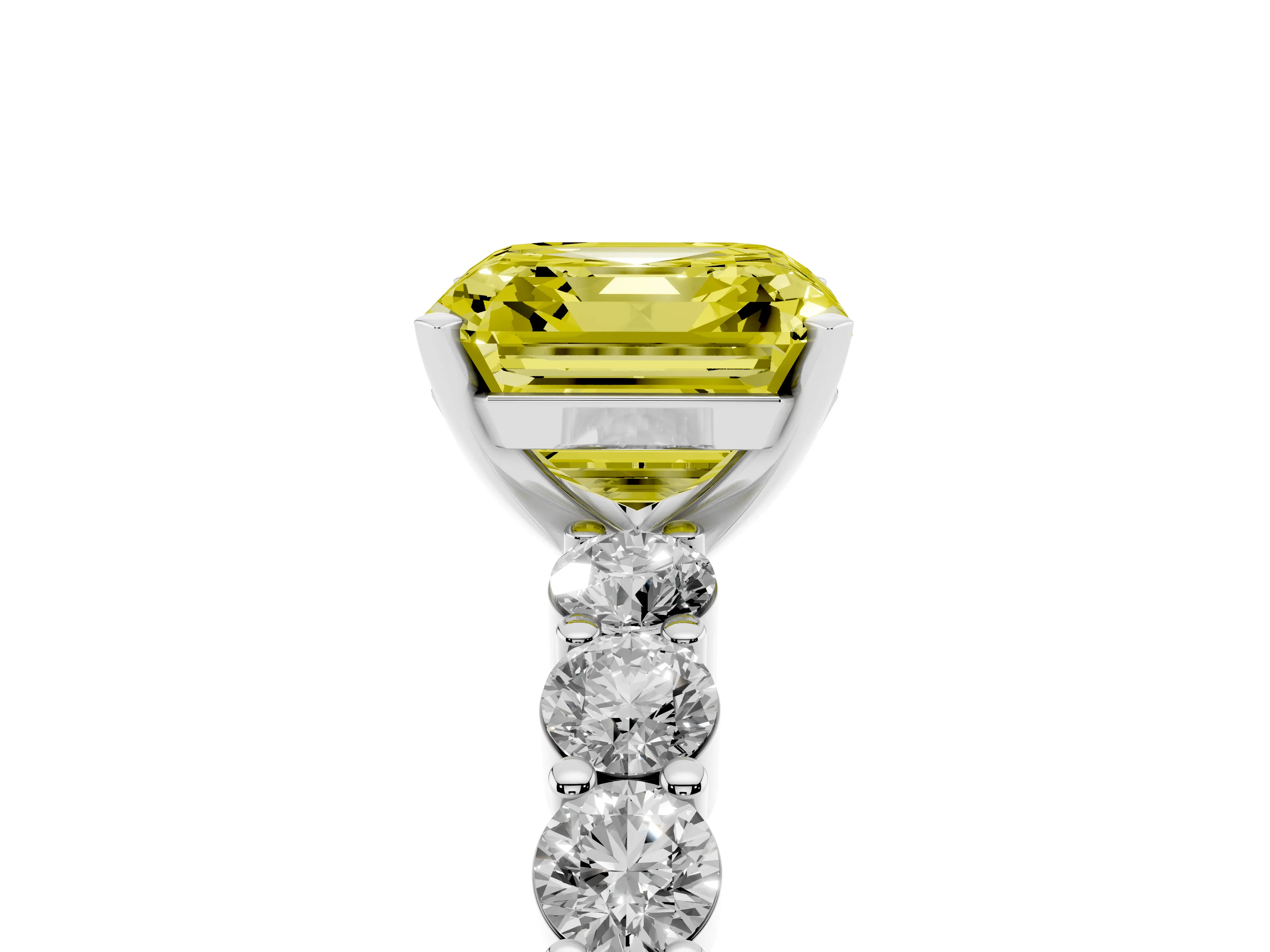 Fancy Yellow Asscher Cut Diamond Solitaire Ring Set in White gold with Shared Prong Round Side Stones