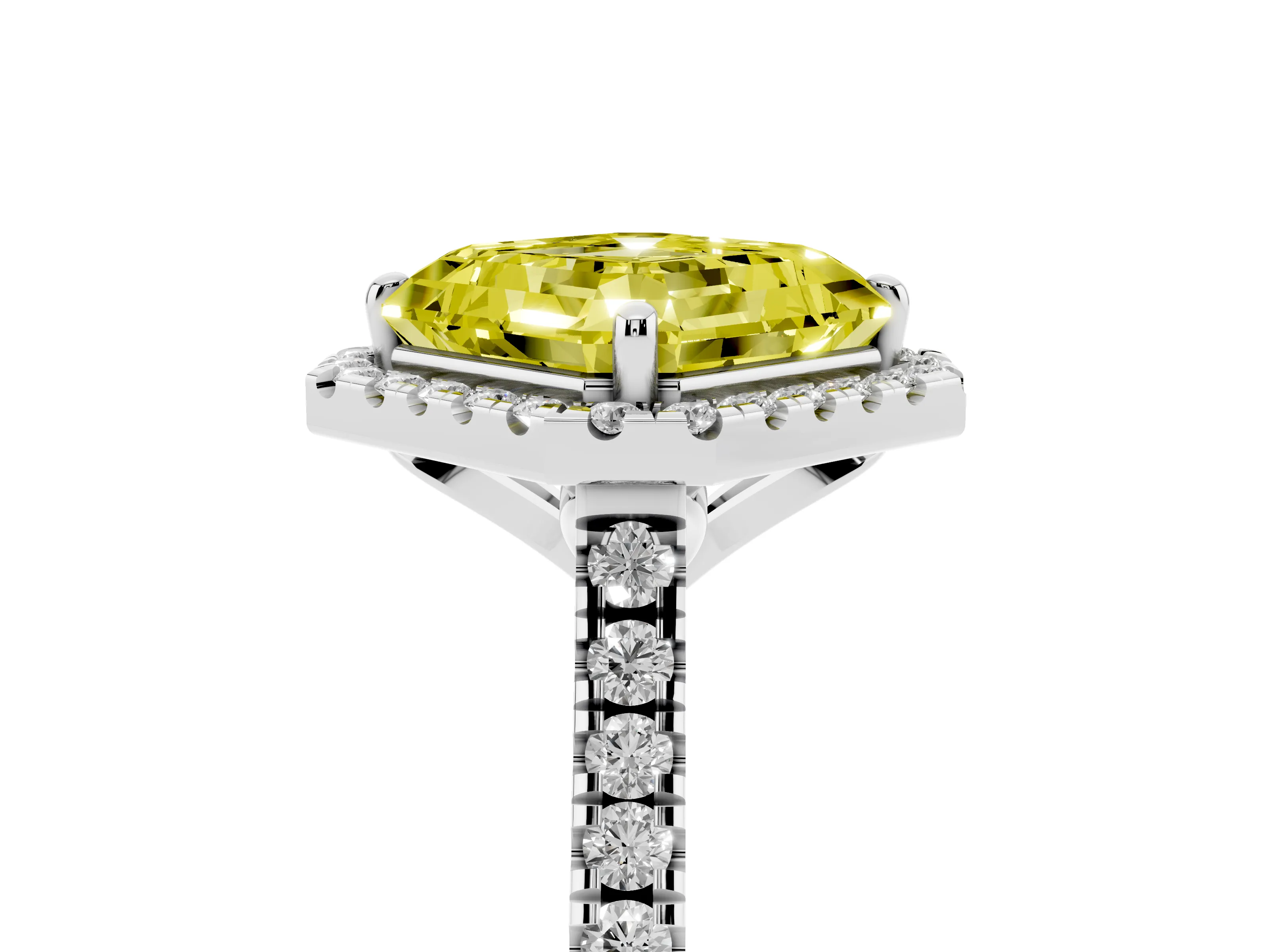 Fancy Yellow Asscher Cut Diamond Cushion Halo Ring Set in Platinum with Pavé Band