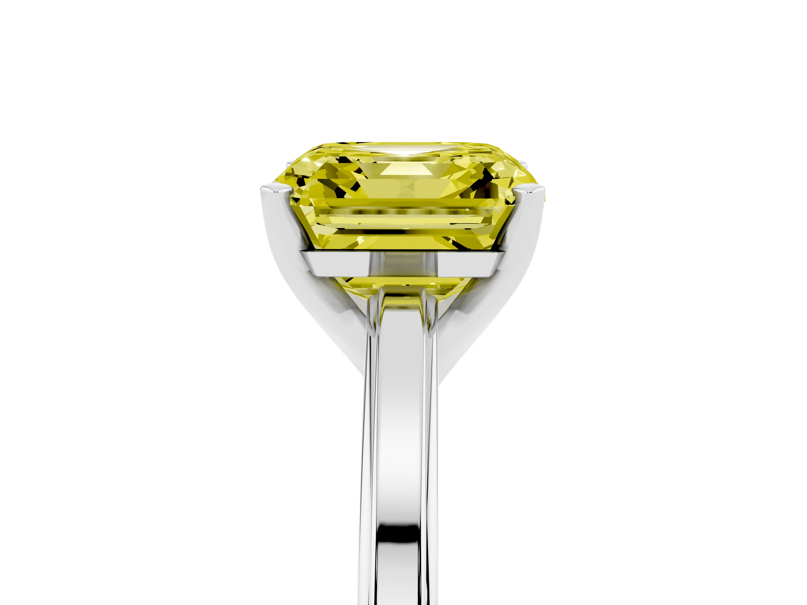 Fancy Yellow Asscher Cut Diamond Solitaire Ring Set in White gold with Prong Setting and Classic Band