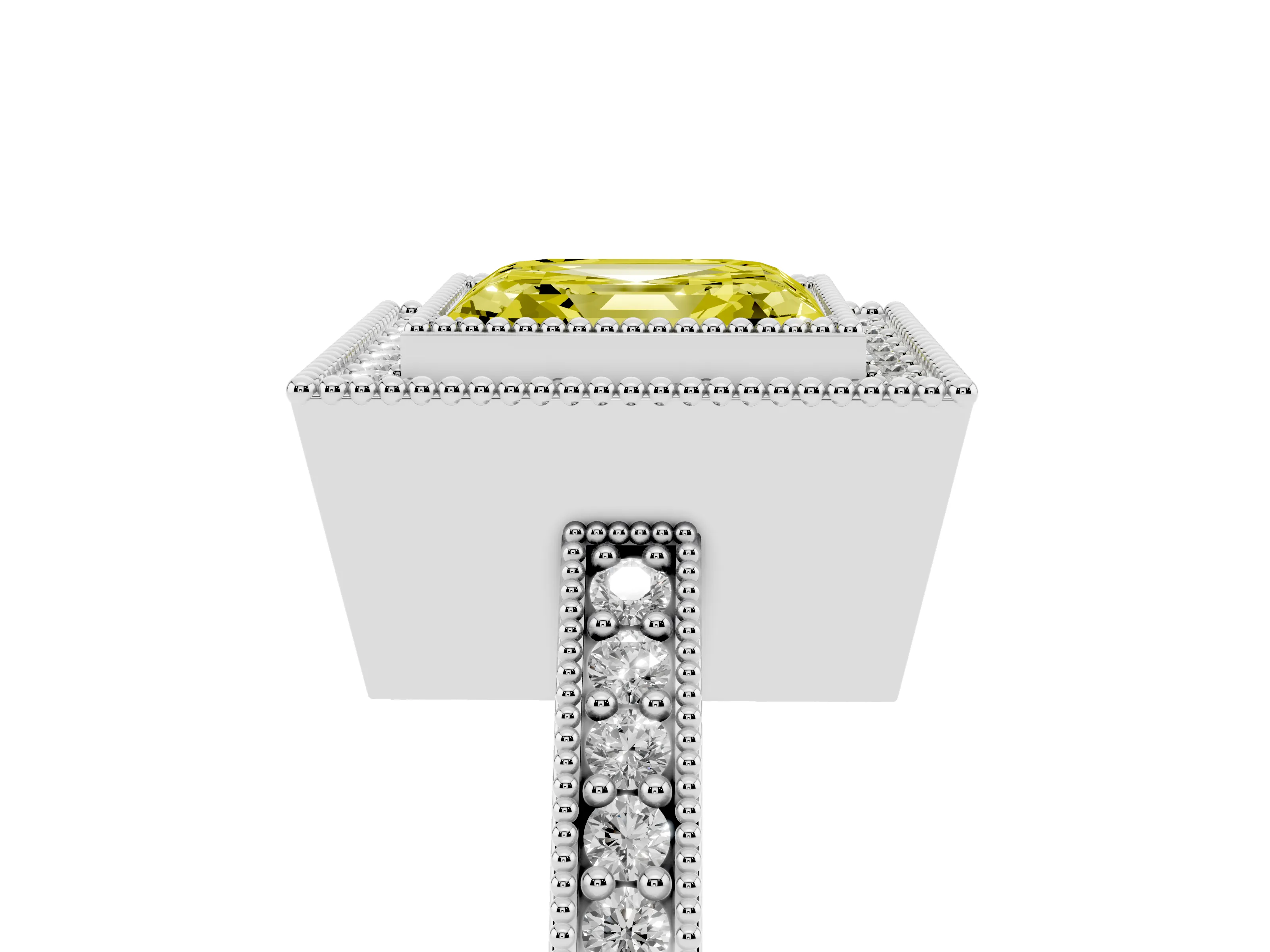 Fancy Yellow Asscher Cut Diamond Halo Engagement Ring Set in White gold with Pavé Band and Round Halo Stones