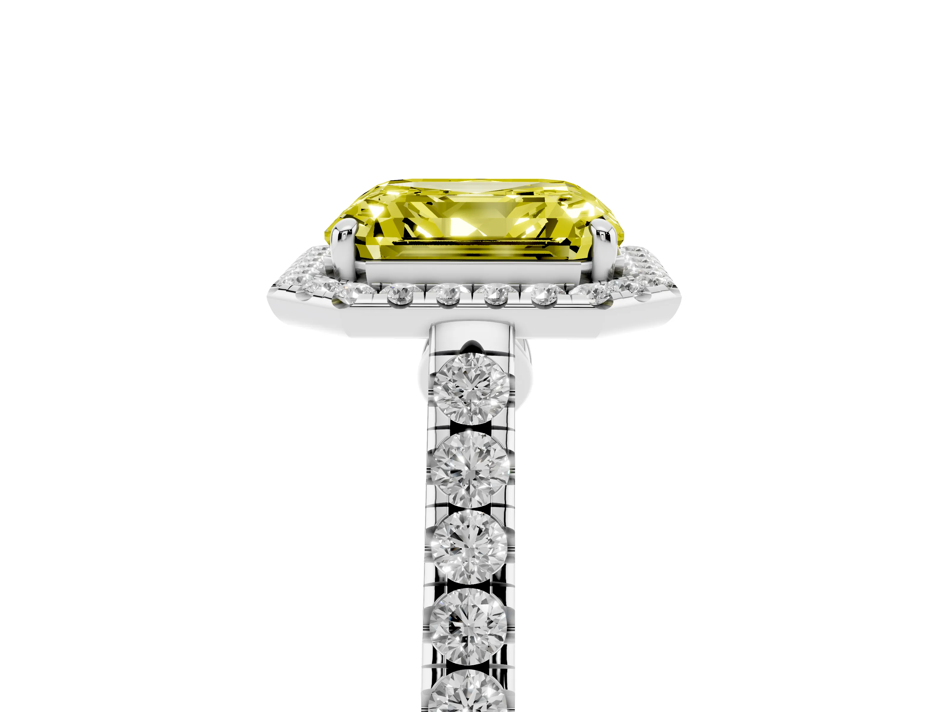 Fancy Yellow Asscher Cut Diamond Halo Pavé Engagement Ring Set in White gold with Prong Setting
