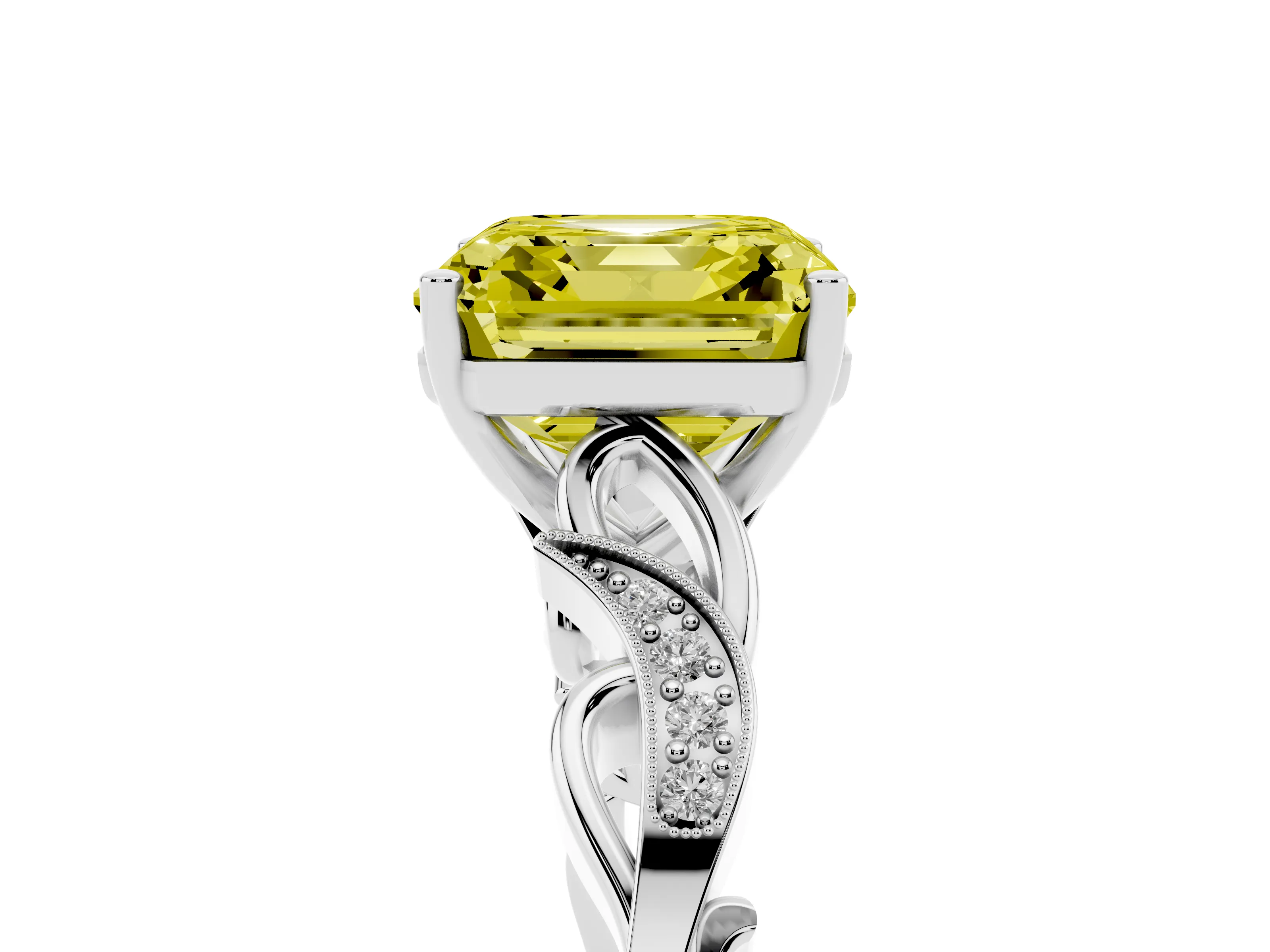 Fancy Yellow Asscher Cut Diamond Vine Band Solitaire Ring Set in White gold with Milgrain Prong Setting