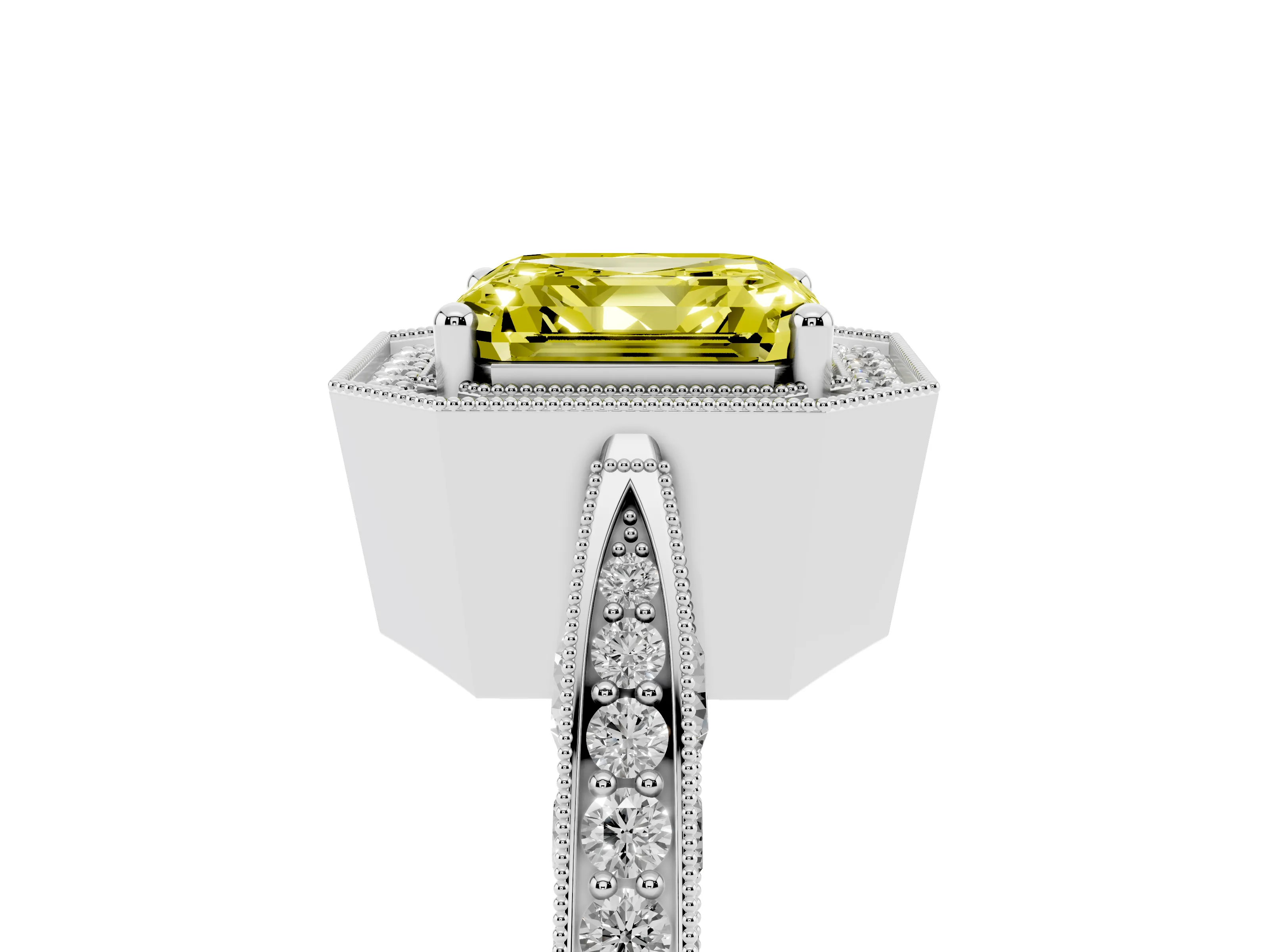 Fancy Yellow Asscher Cut Diamond Halo Engagement Ring Set in Silver with Accent Split Shank Band