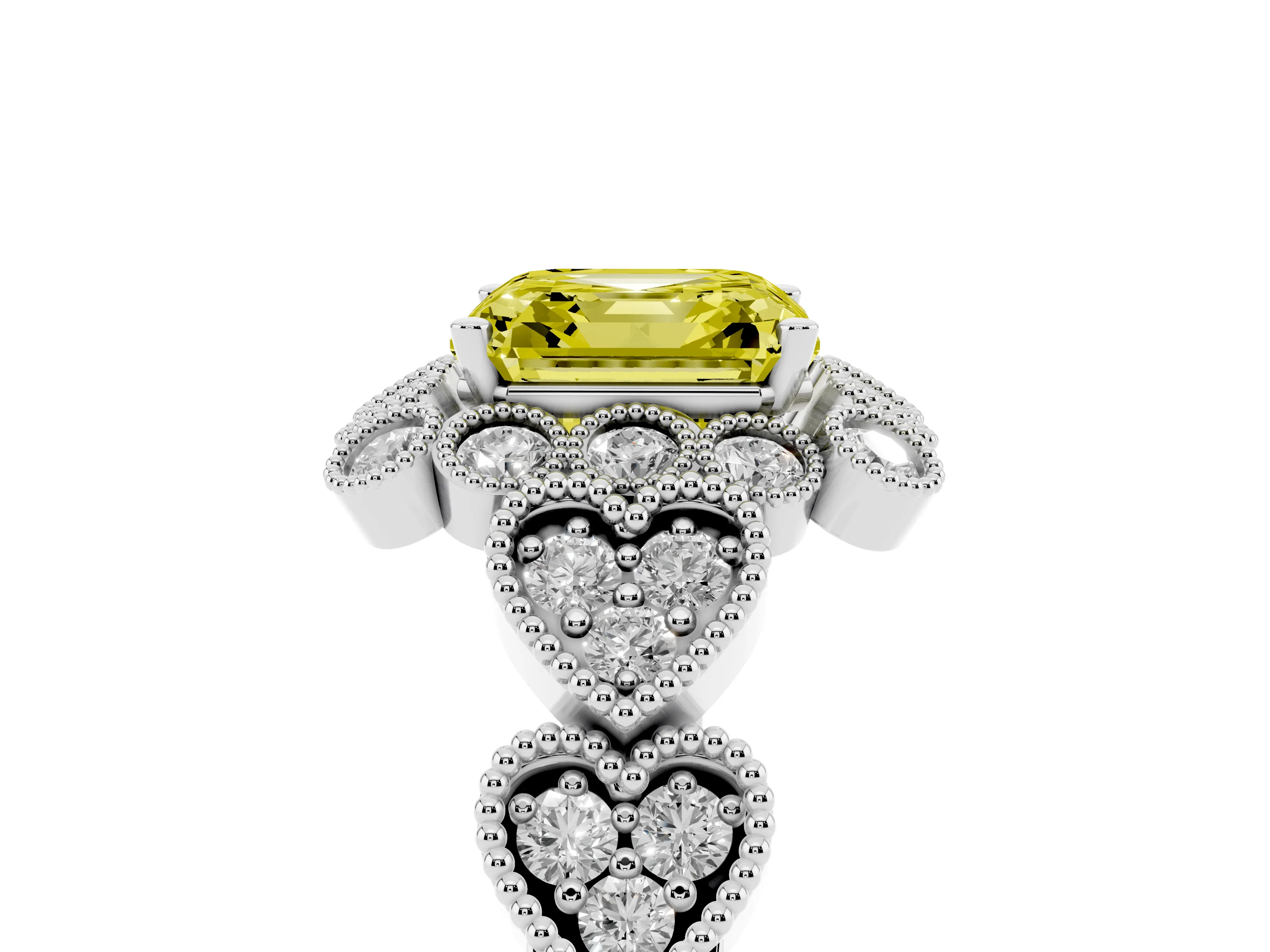 Fancy Yellow Asscher Cut Diamond Solitaire Ring Set in White gold with Milgrain Pavé Heart Band