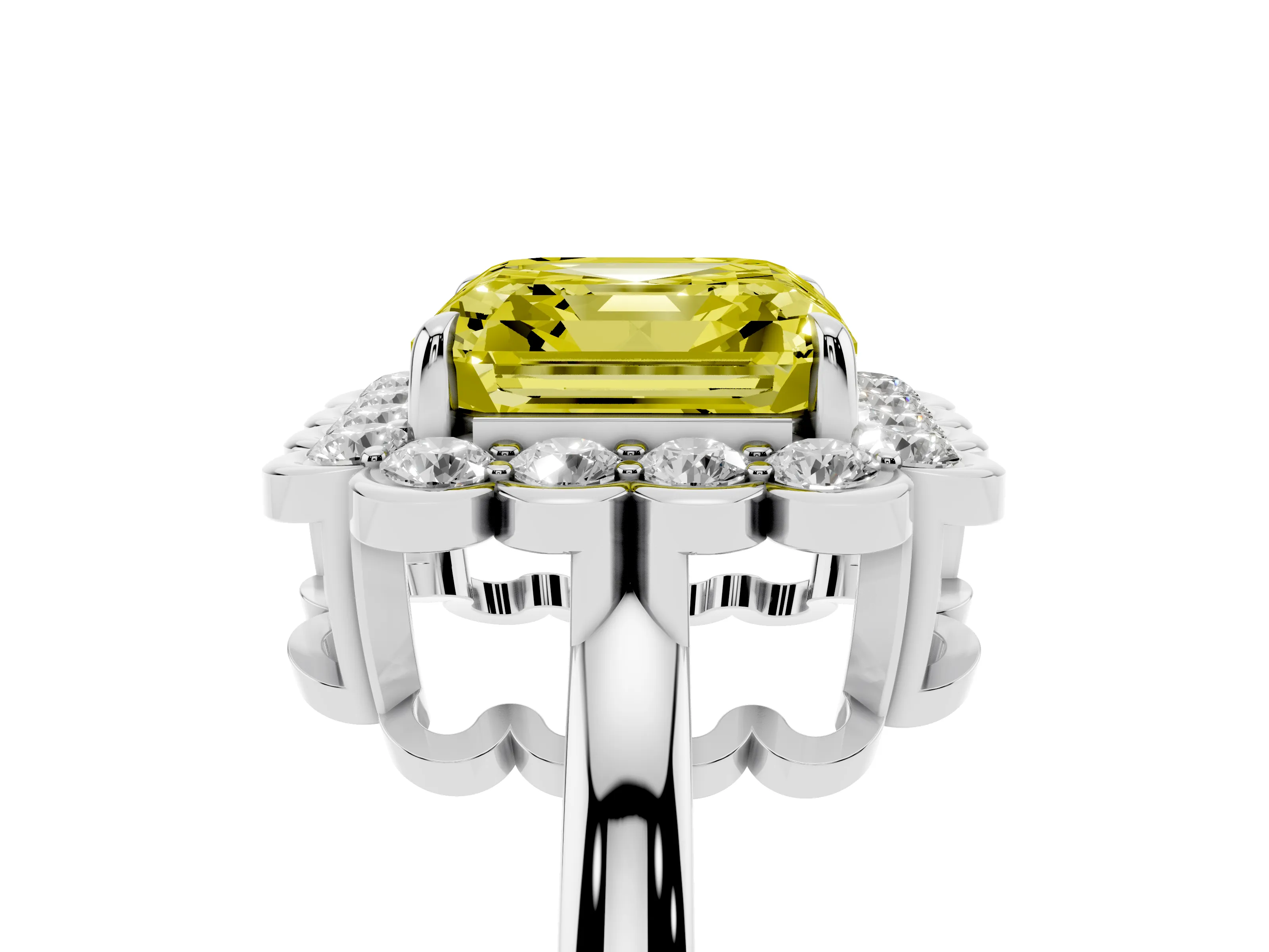 Fancy Yellow Asscher Cut Diamond Halo Cluster Engagement Ring Set in Platinum with Solitaire Band and Prong Setting