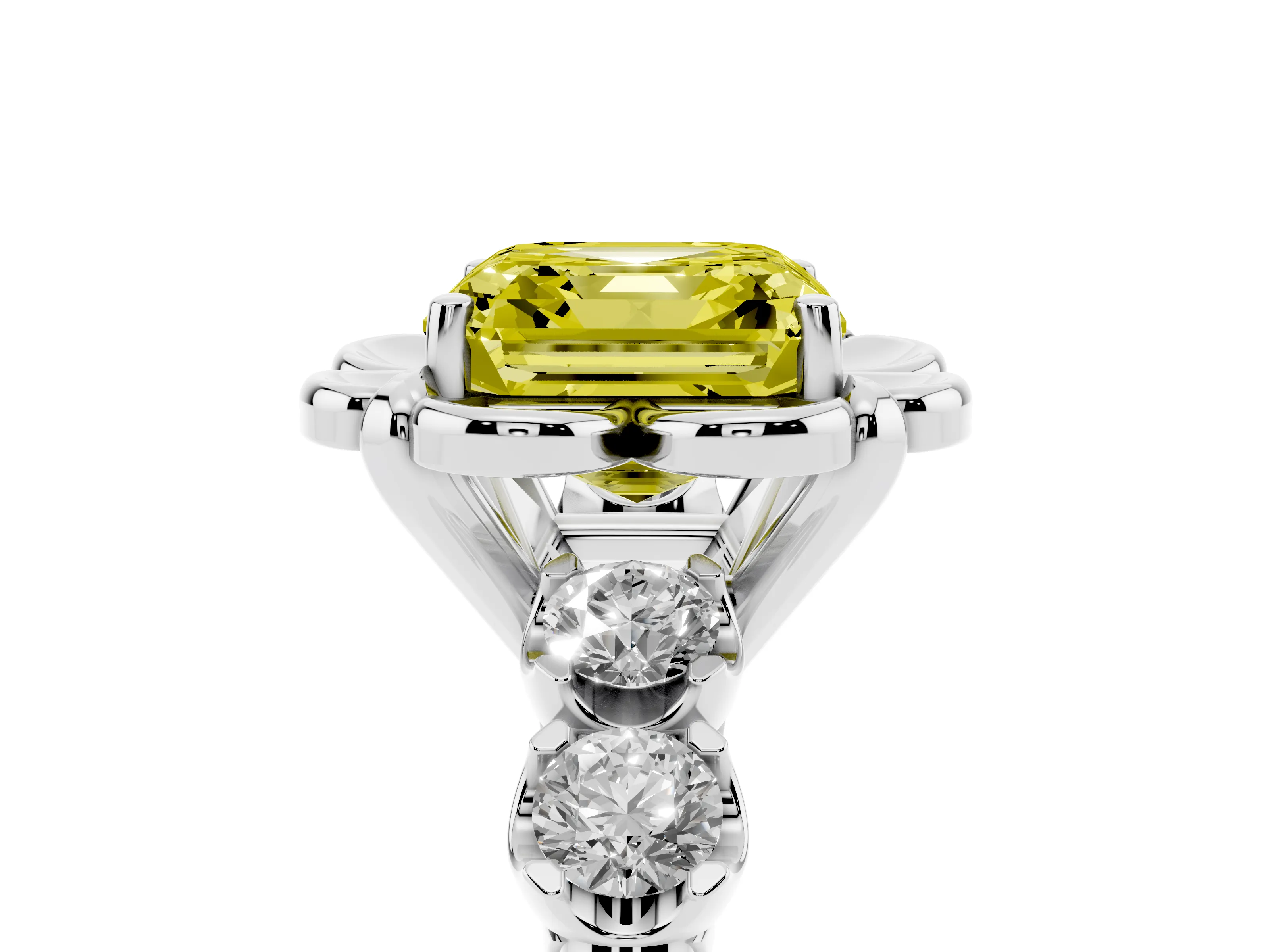 Fancy Yellow Asscher Cut Diamond Floral Halo Ring Set in Platinum with Shared Prong Band