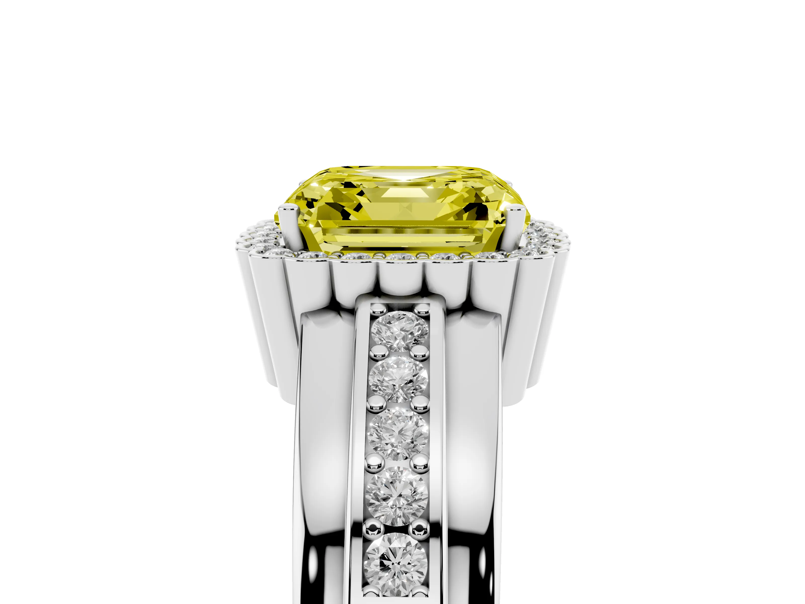 Fancy Yellow Asscher Cut Diamond Halo Prong Ring Set in Platinum with Pavé Band