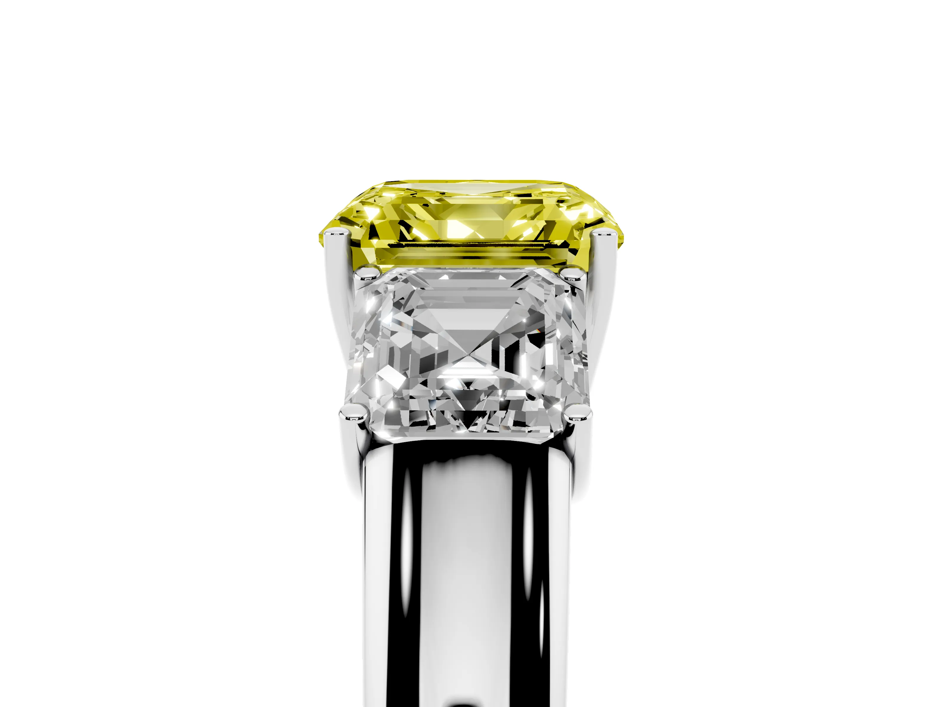 Fancy Yellow Three-Stone Asscher Cut Diamond Ring Set in Silver with Matching Prong Settings and Plain Band