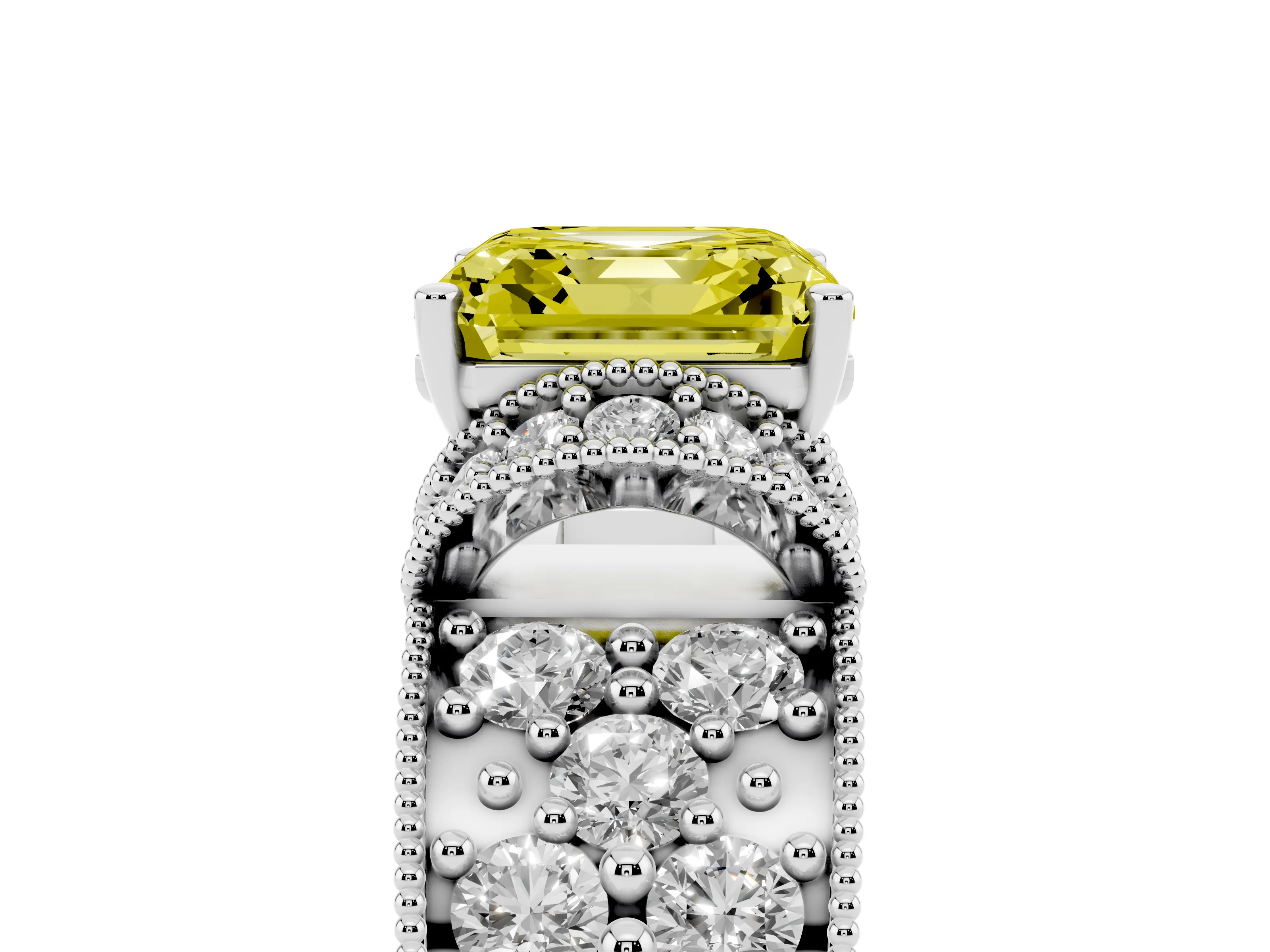 Fancy Yellow Asscher Cut Diamond Milgrain Halo Pavé Engagement Ring Set in Platinum with Prong Setting