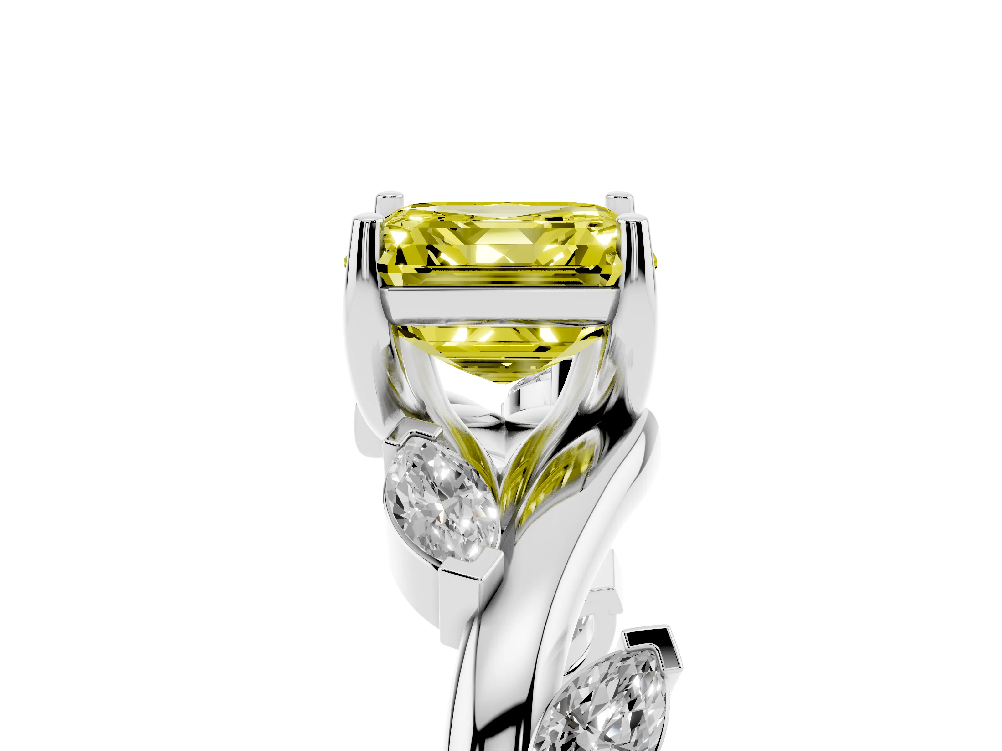 Fancy Yellow Asscher Cut Diamond Solitaire Ring Set in White gold with Twisted Marquise Accent Band