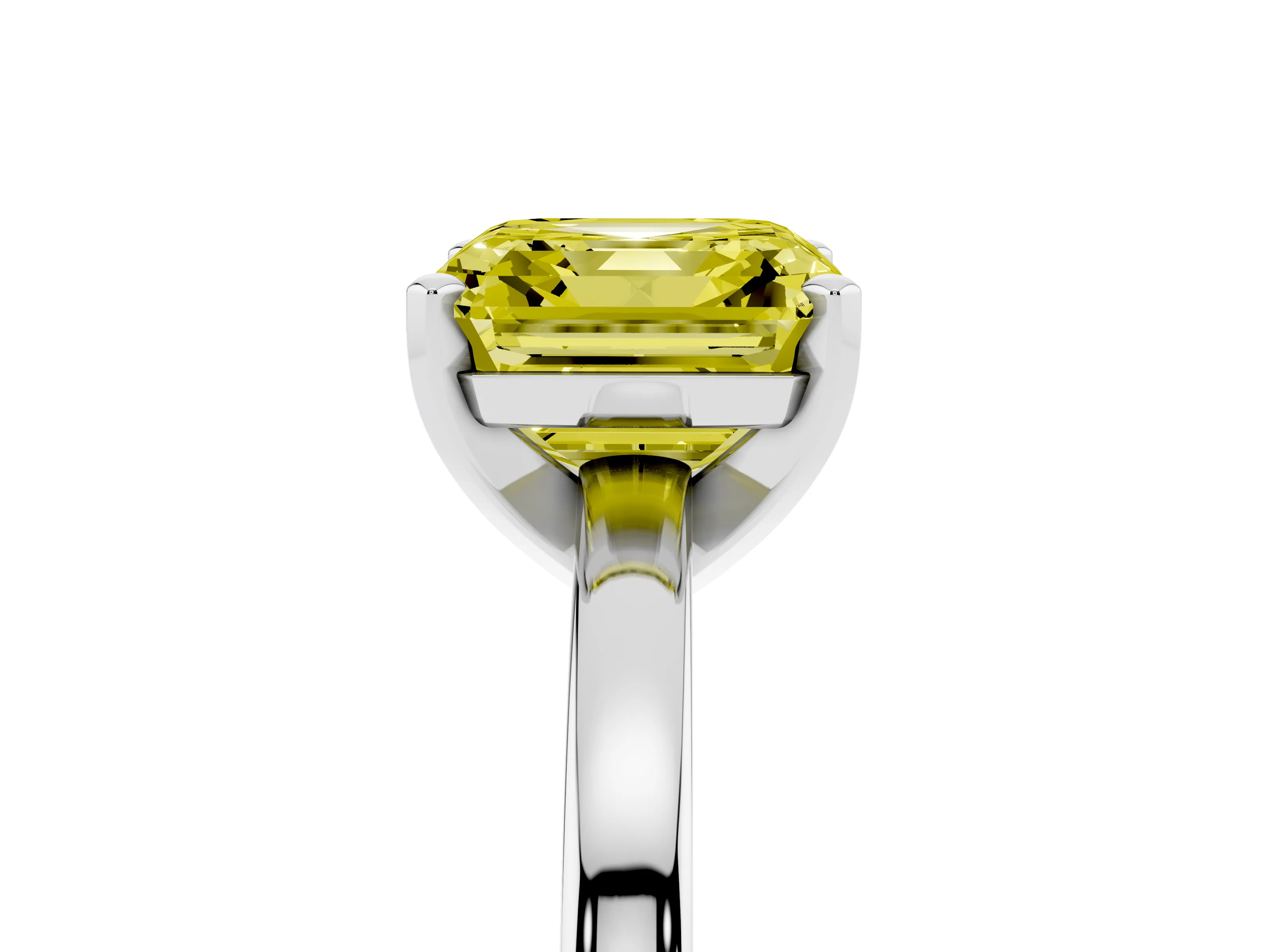 Fancy Yellow Asscher Cut Diamond Solitaire Engagement Ring Set in Platinum with Prong Setting on a Classic Band