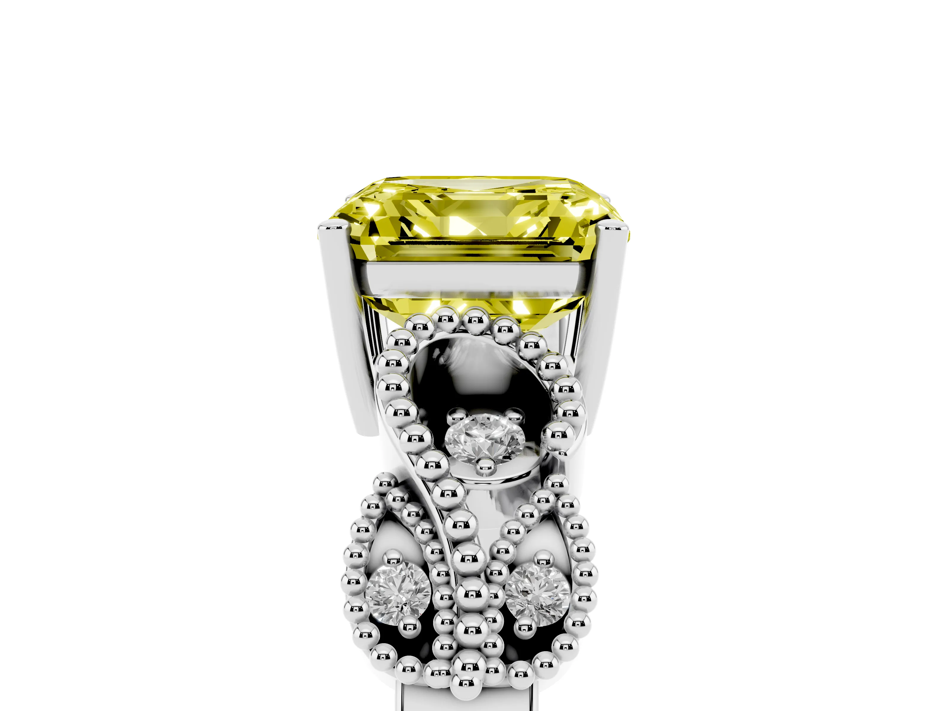 Fancy Yellow Asscher Cut Diamond Milgrain Leaf Band Solitaire Ring Set in White gold with Accent Stones and Prong Setting