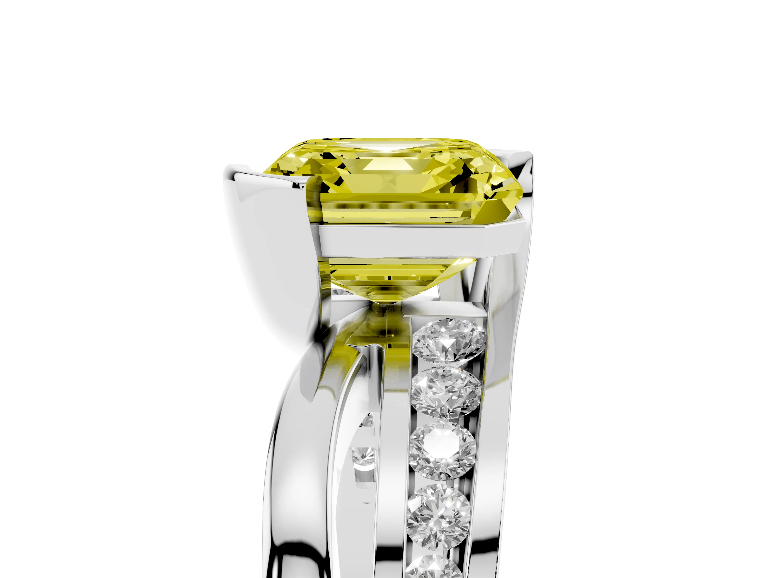 Fancy Yellow Asscher Cut Diamond Solitaire Ring Set in Platinum with Channel Set Split Shank and Tension Prongs