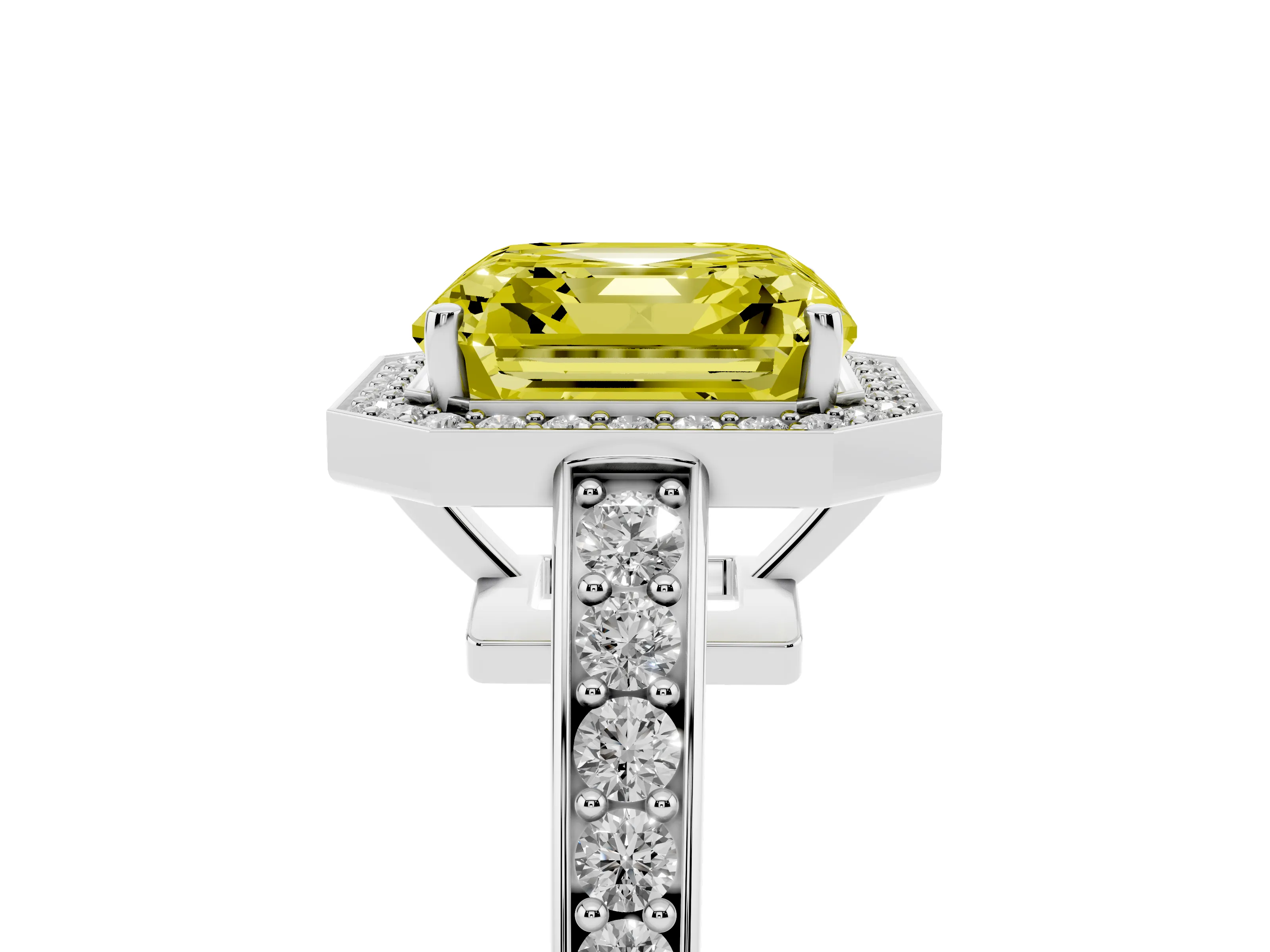 Fancy Yellow Asscher Cut Diamond Halo Pavé Engagement Ring Set in Platinum with Bezel Setting