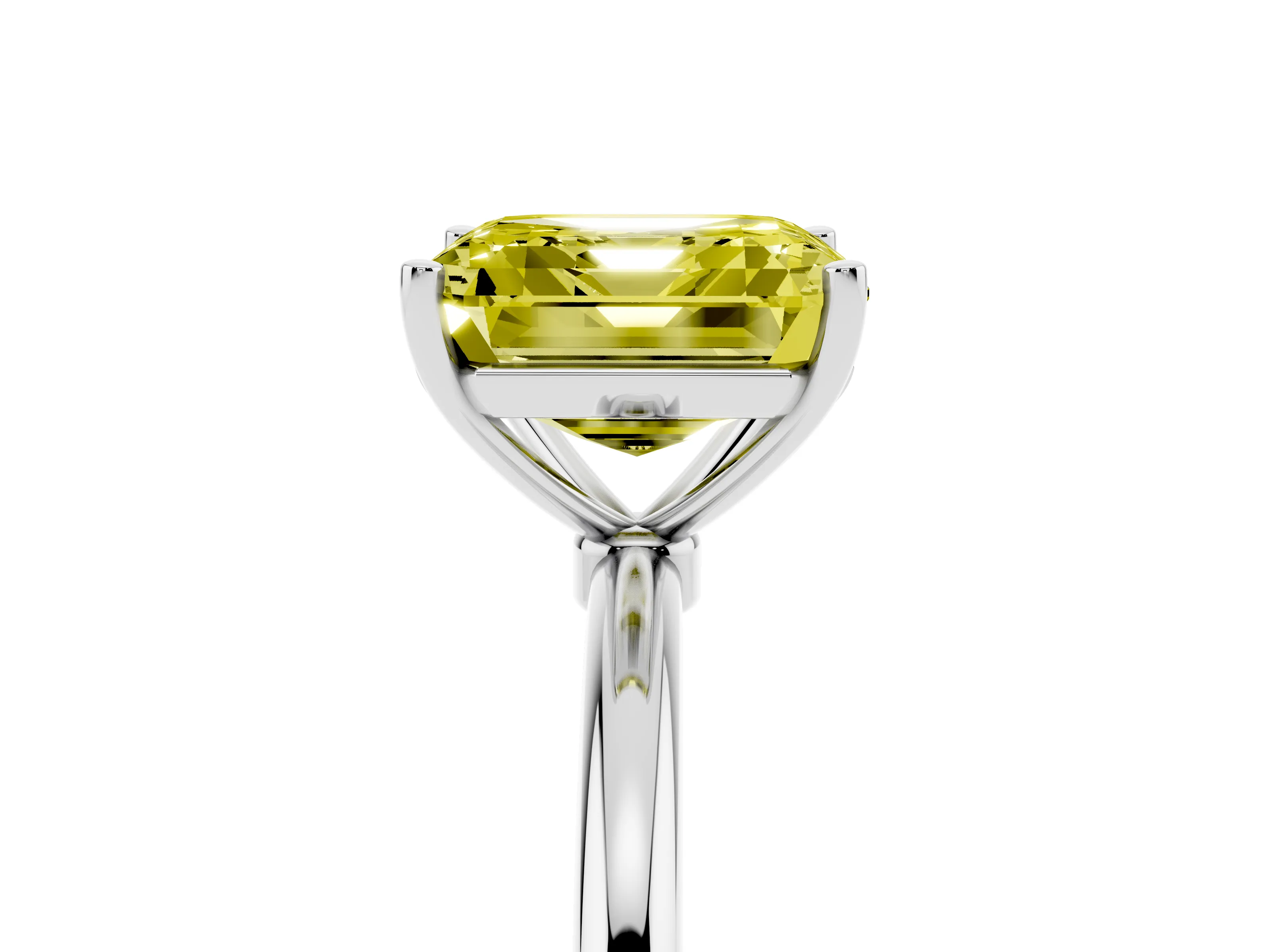 Fancy Yellow Asscher Cut Diamond Solitaire Engagement Ring Set in Platinum with Thin Band and Prong Setting