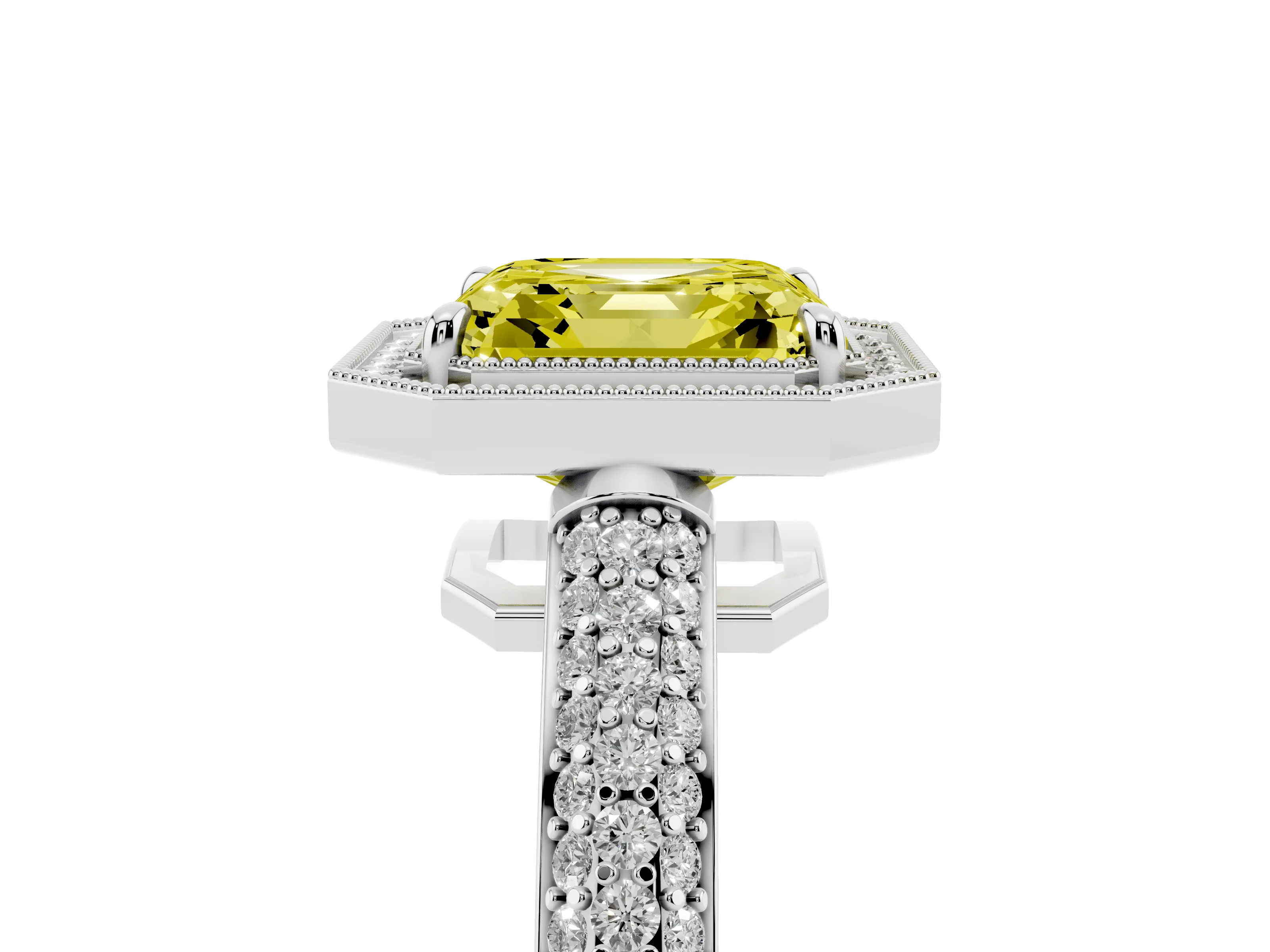 Fancy Yellow Asscher Cut Diamond Halo Pavé Band Set in White gold with Prong Setting