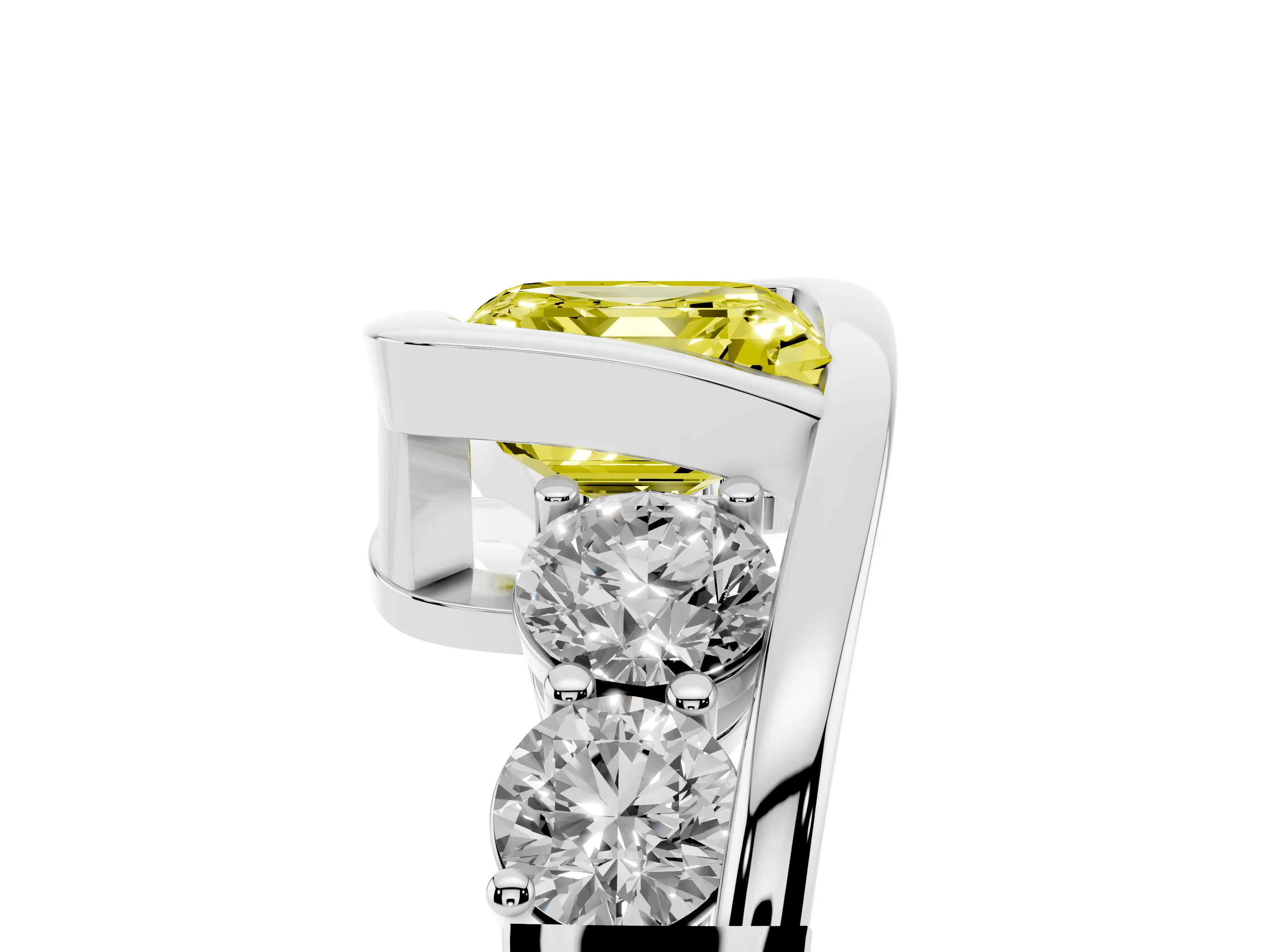 Fancy Yellow Asscher Cut Diamond Bezel Bypass Ring Set in Silver with Round Accents