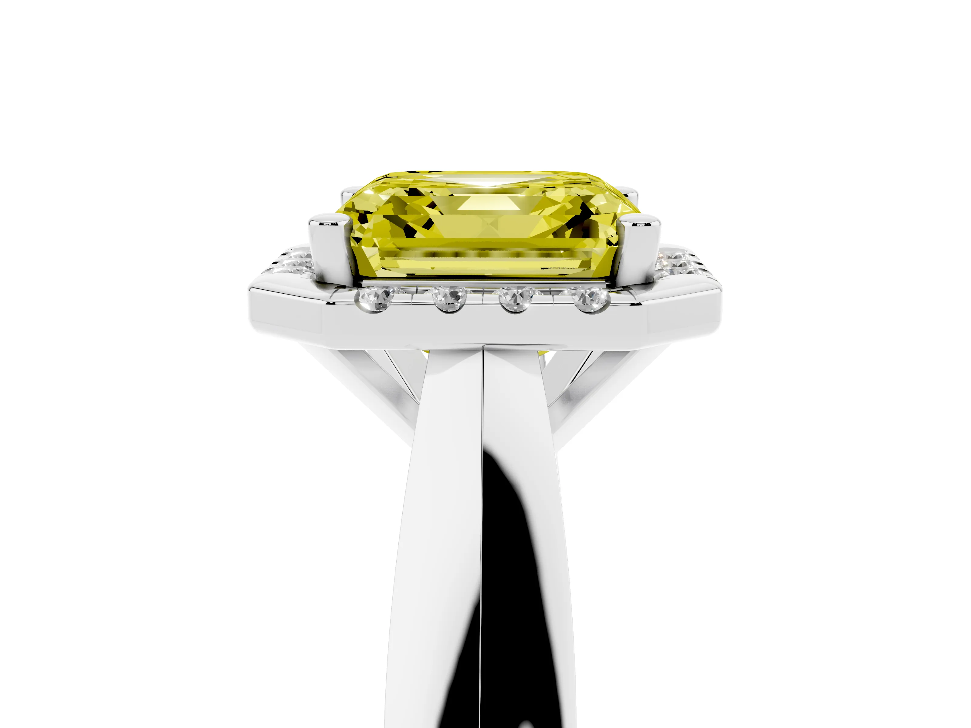 Fancy Yellow Asscher Cut Diamond Halo Solitaire Engagement Ring Set in White gold with Square Band and Prong Setting