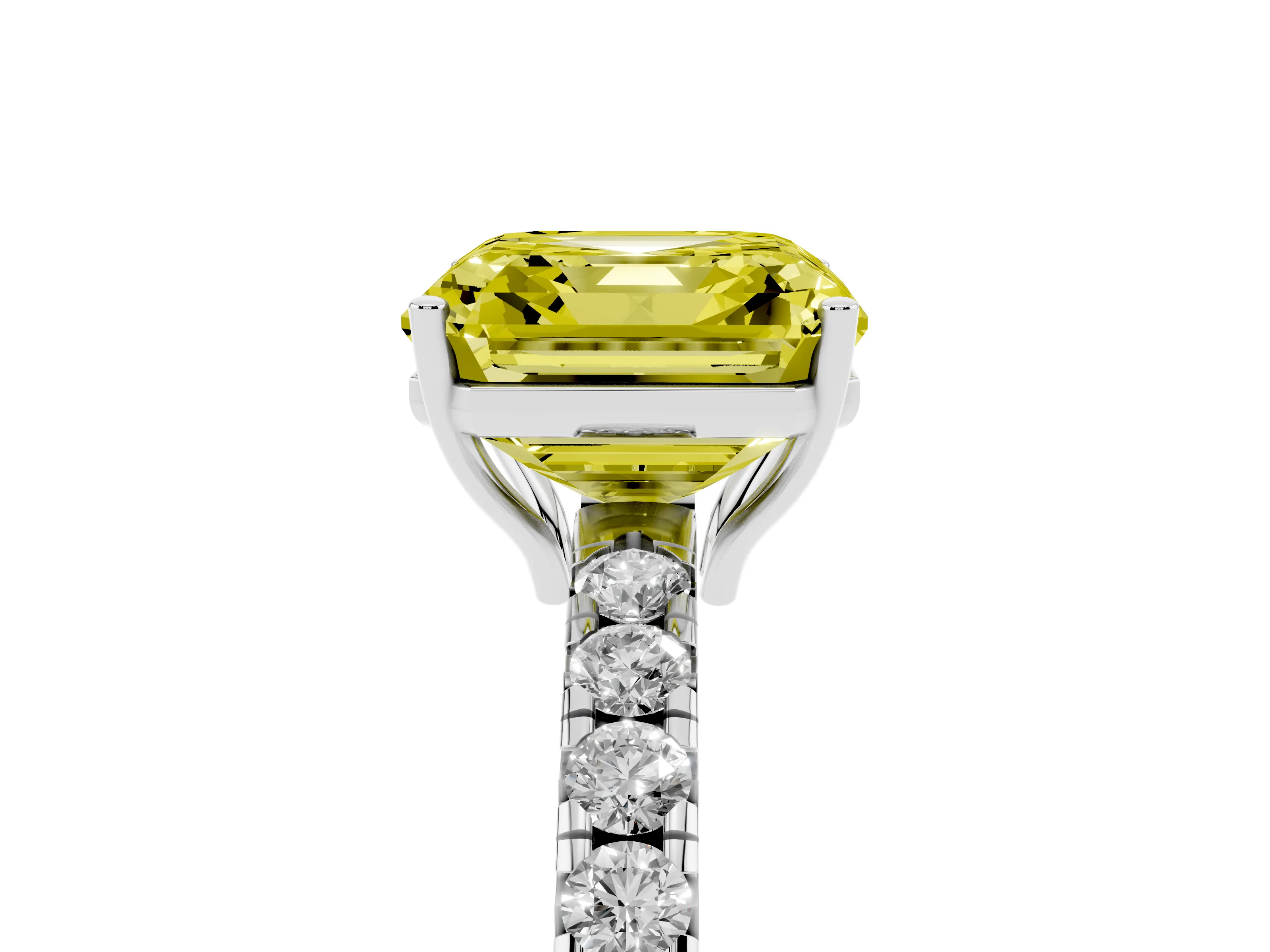 Fancy Yellow Asscher Cut Diamond Pavé Solitaire Engagement Ring Set in Platinum with Prong Setting