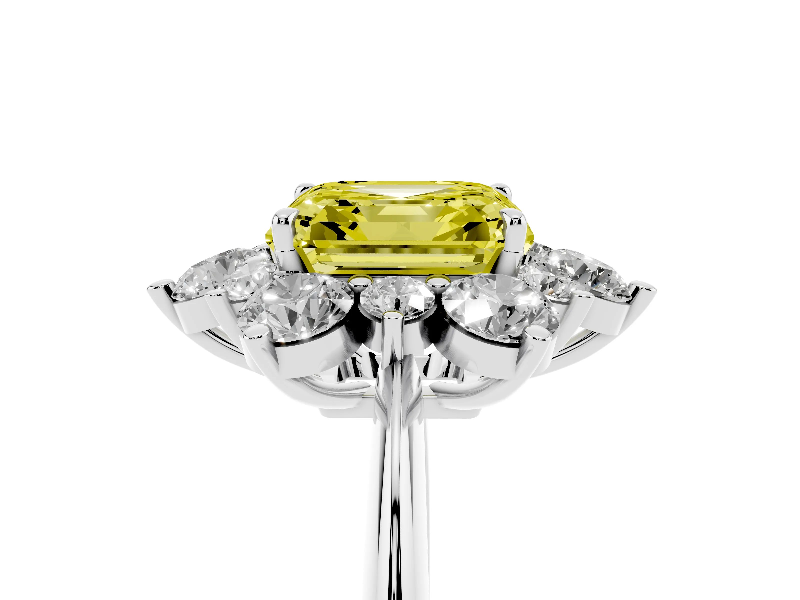 Fancy Yellow Asscher Cut Diamond Cluster Halo Ring Set in White gold with Solitaire Band and Prong Setting