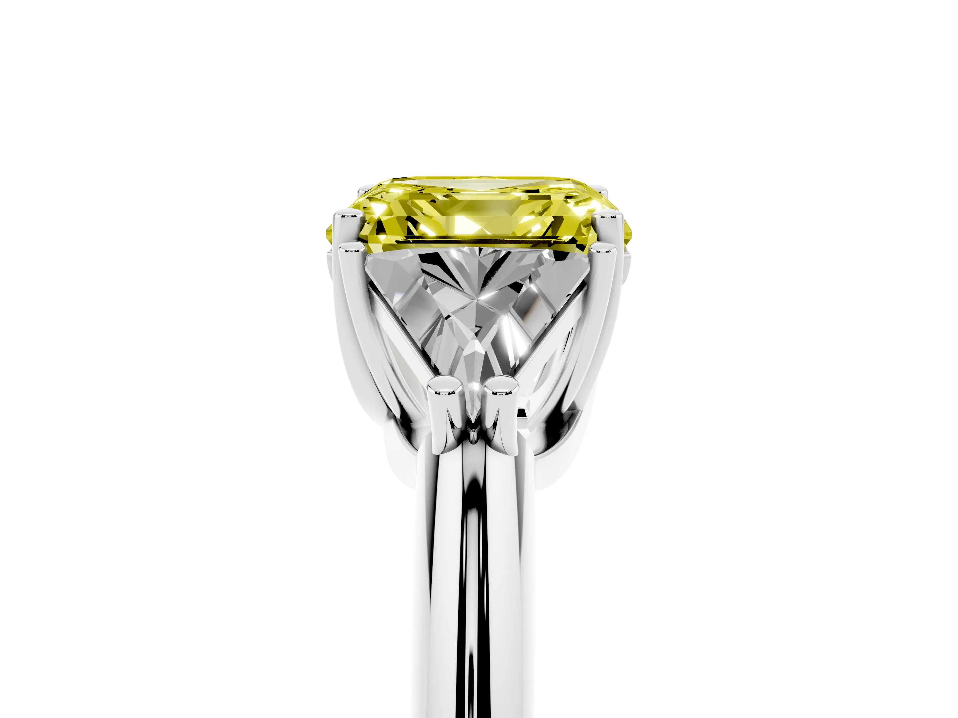 Fancy Yellow Asscher Cut Diamond Three-Stone Engagement Ring Set in White gold with Trillion Side Stones