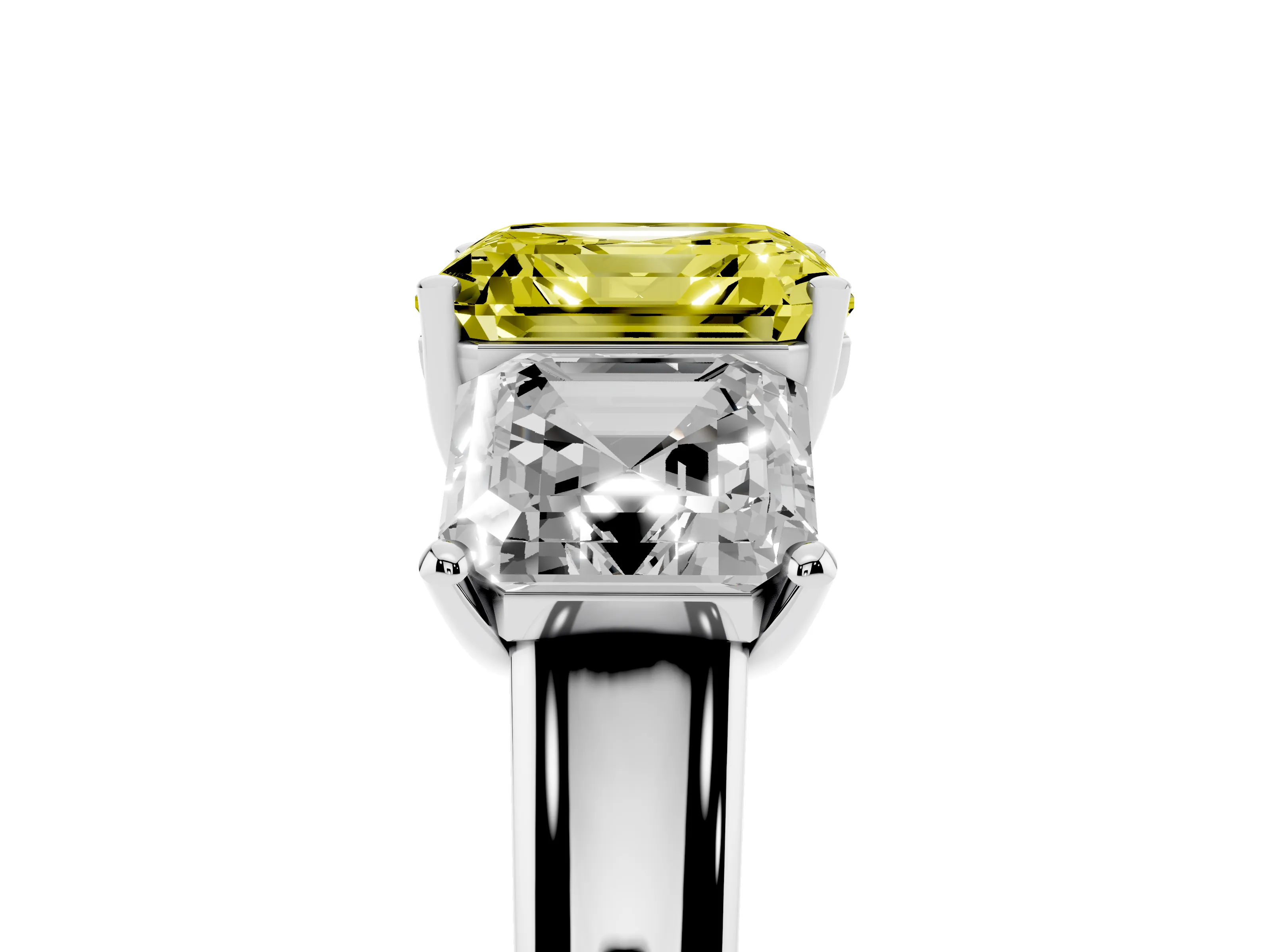 Fancy Yellow Asscher Cut Diamond Three-Stone Ring Set in Platinum with Classic Prong Setting and Plain Band