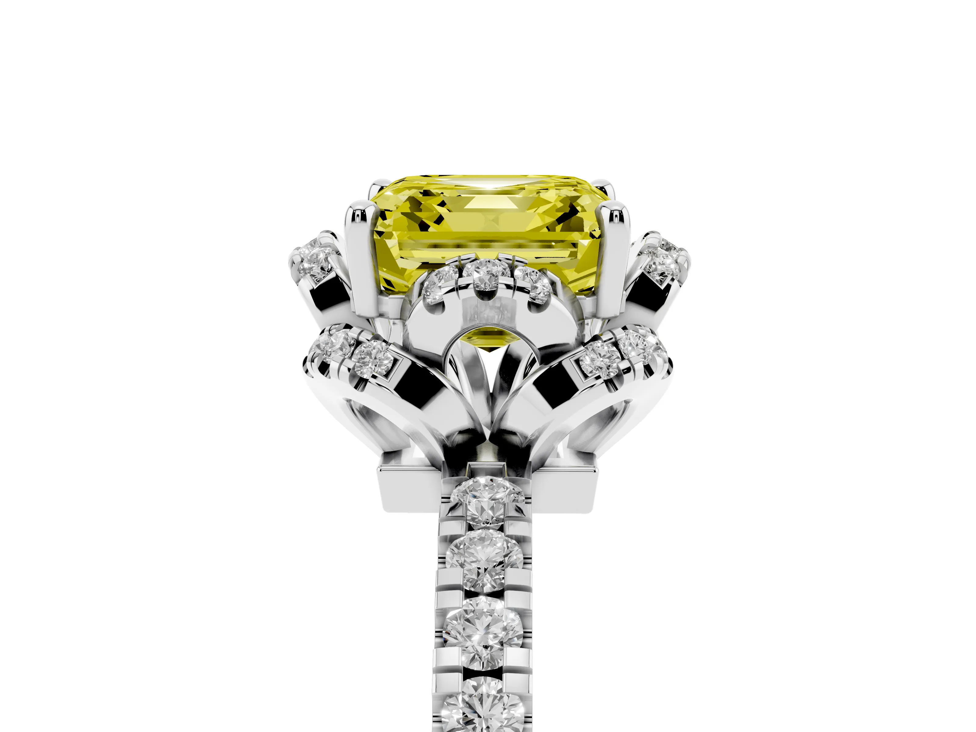 Fancy Yellow Asscher Cut Diamond Halo Pavé Ring Set in Platinum with Prong-Held Center Stone