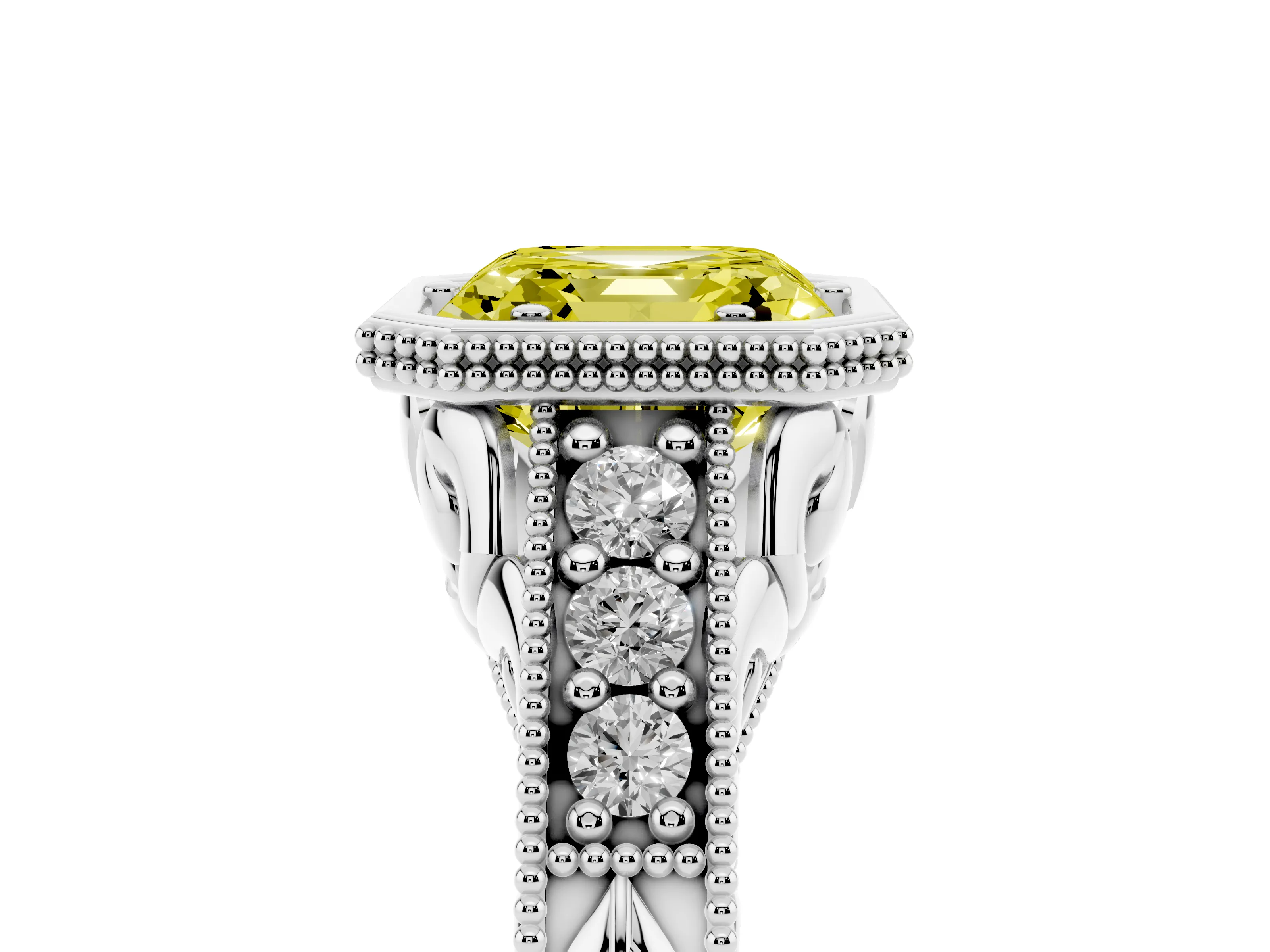 Fancy Yellow Bezel Set Asscher Cut Diamond Milgrain Pavé Engagement Ring Set in Silver