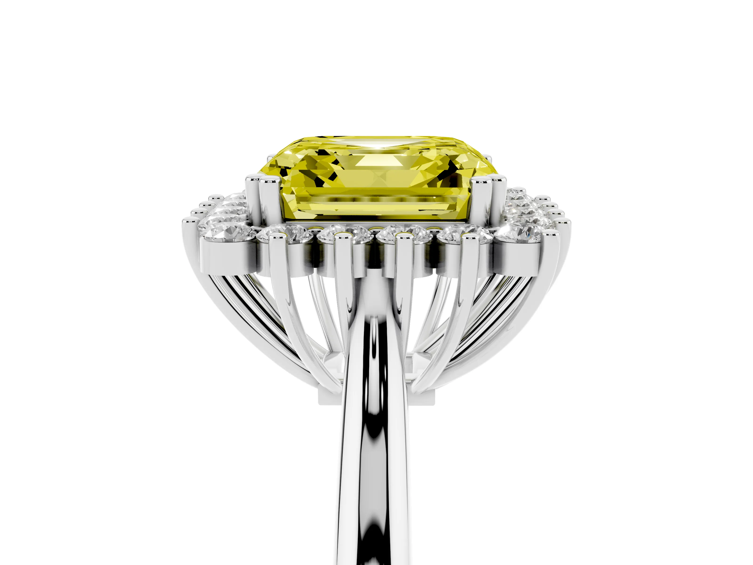 Fancy Yellow Asscher Cut Diamond Halo Ring Set in Silver with Plain Solitaire Band and Prong Setting