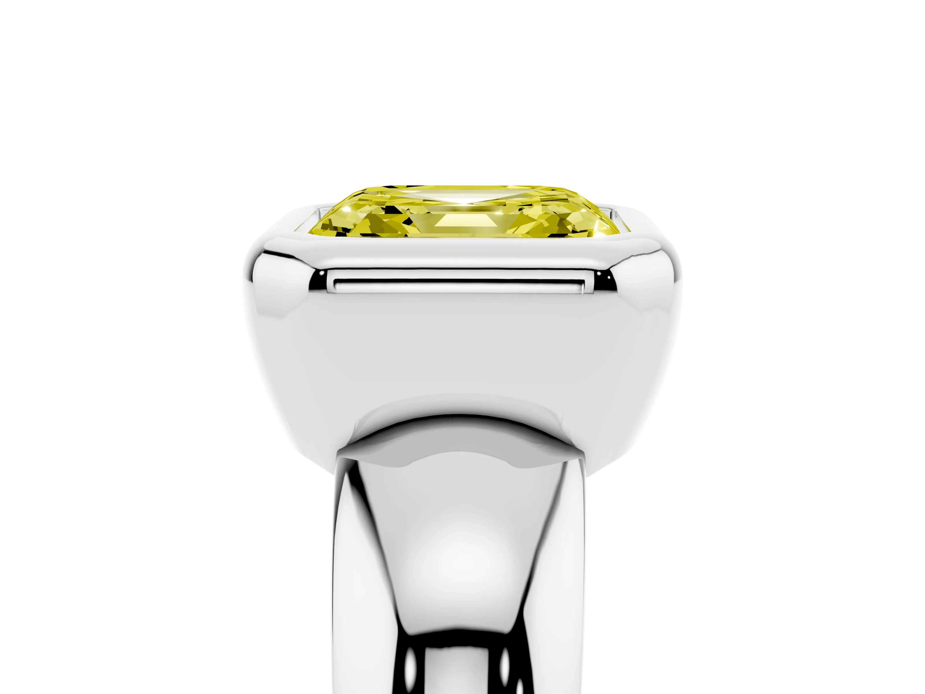 Fancy Yellow Bezel Set Asscher Cut Diamond Solitaire Ring Set in Platinum with Wide Band