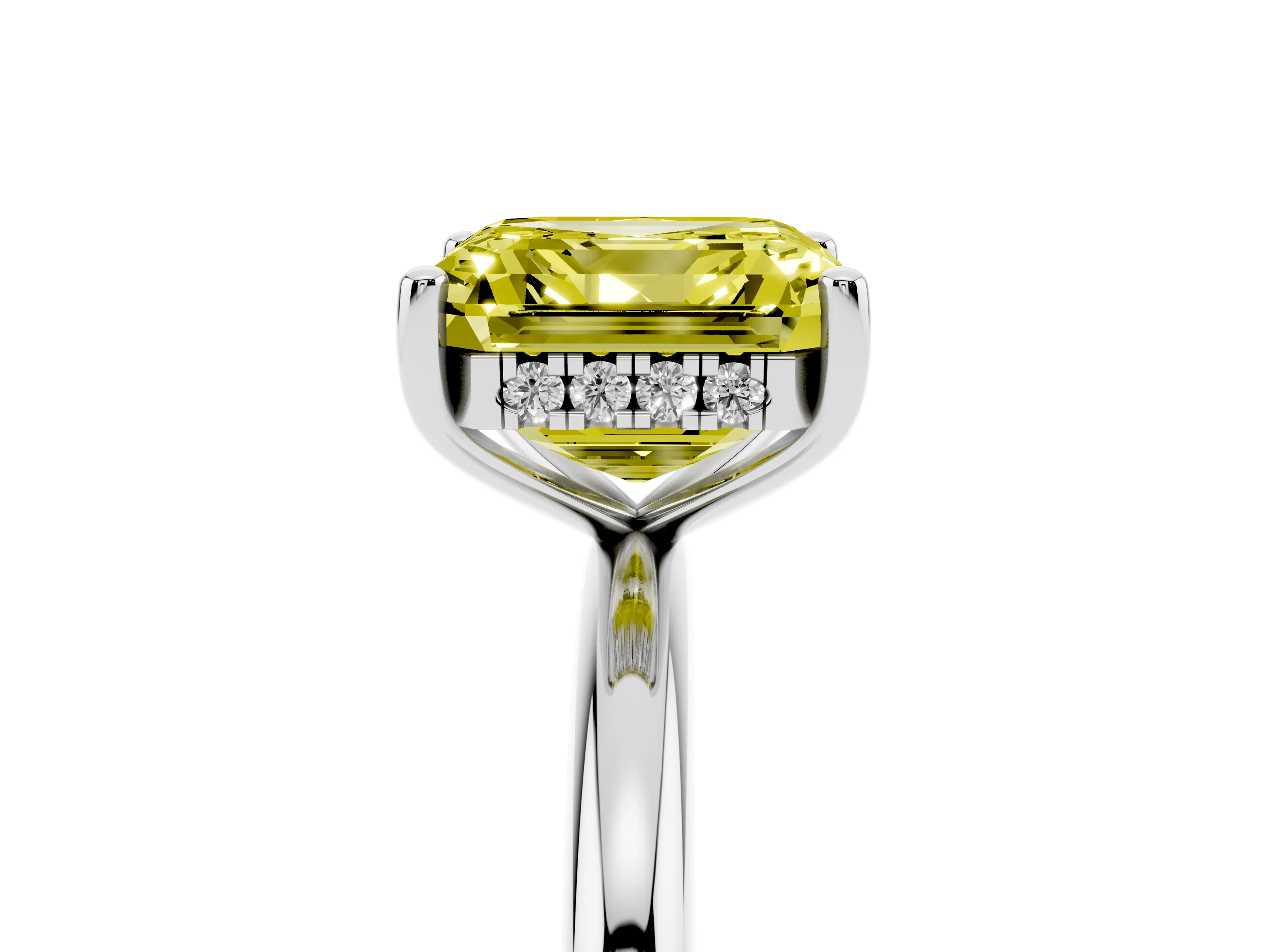 Fancy Yellow Asscher Cut Diamond Solitaire Engagement Ring Set in Silver with Prong Setting and Polished Band