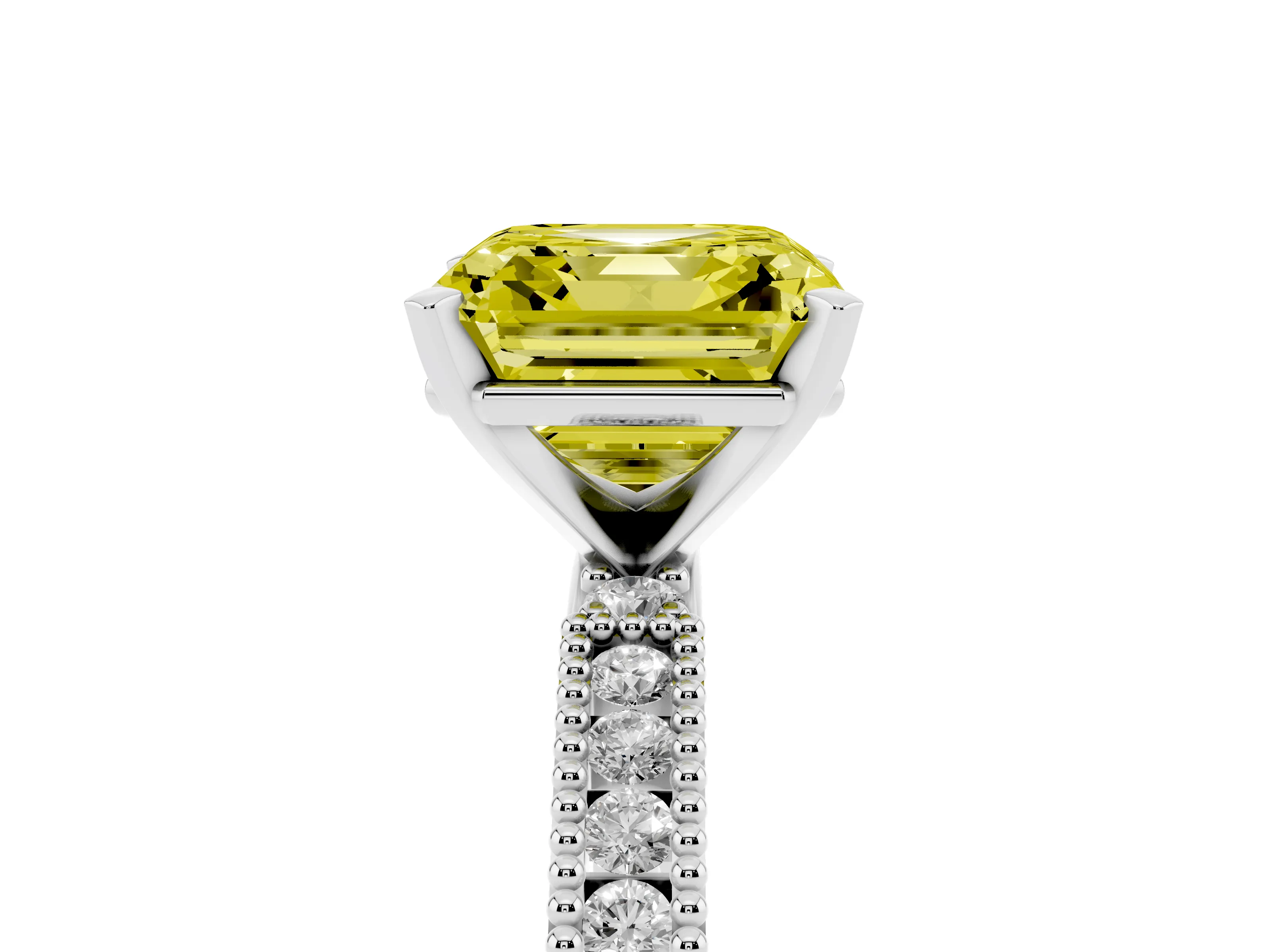 Fancy Yellow Asscher Cut Diamond Solitaire Ring Set in Silver with Slim Pavé Band and Prong Setting