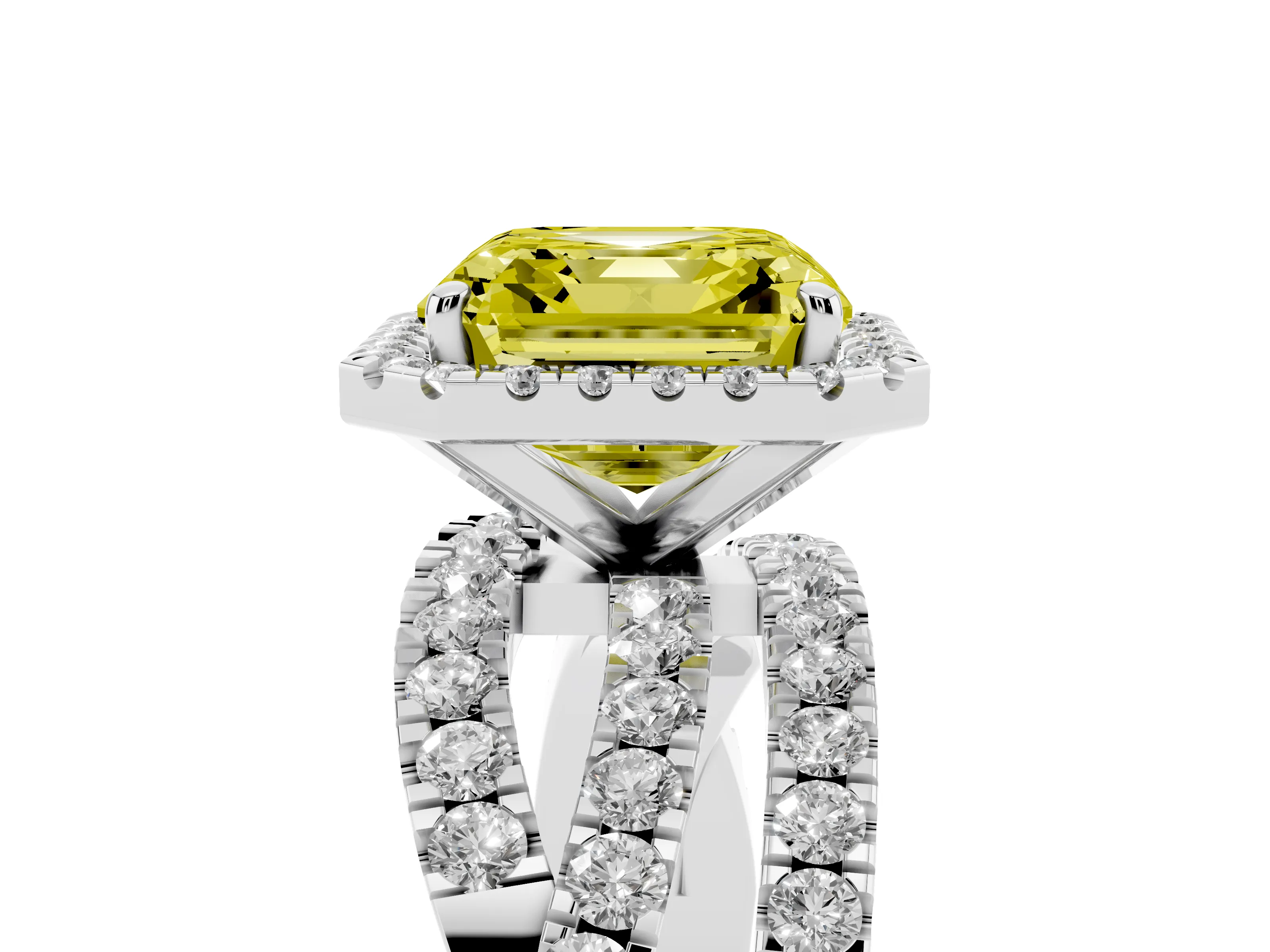 Fancy Yellow Asscher Cut Diamond Halo Ring Set in Platinum with Round Crossover Split Shank and Prong Setting