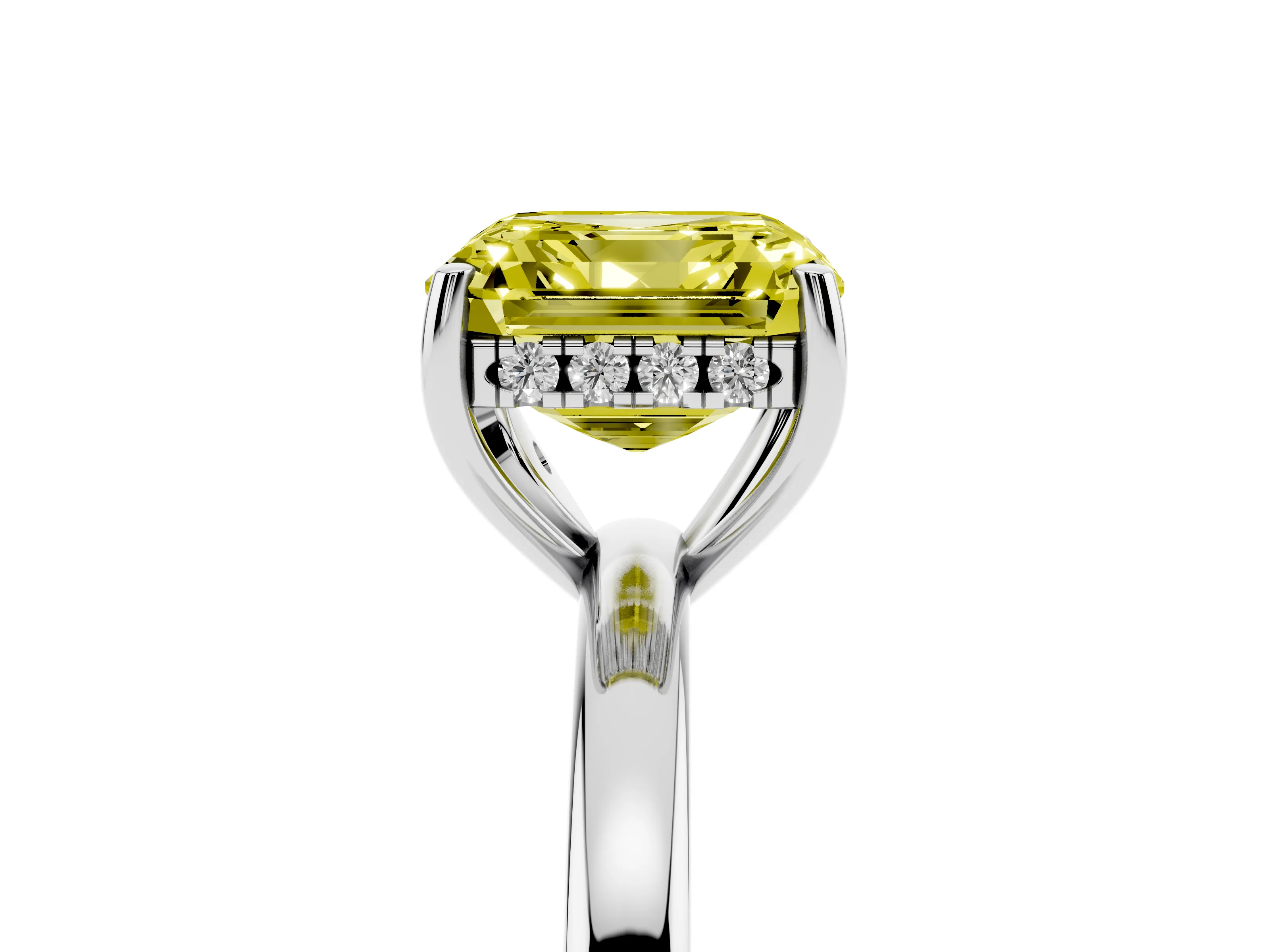 Fancy Yellow Asscher Cut Diamond Solitaire Ring Set in Platinum with Plain Band and Prong Setting
