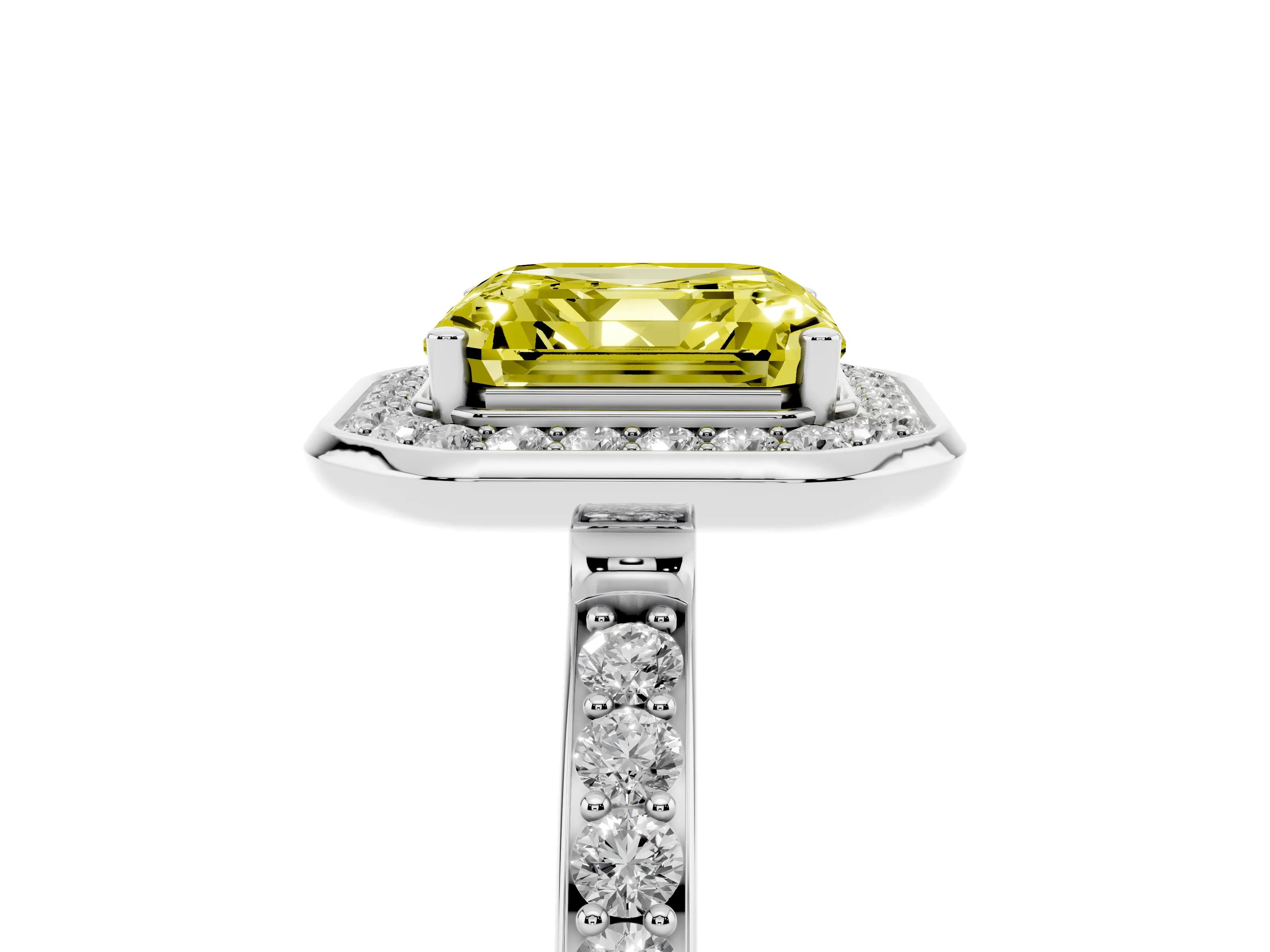 Fancy Yellow Asscher Cut Diamond Halo Ring Set in White gold with Bezel Frame and Pavé Band