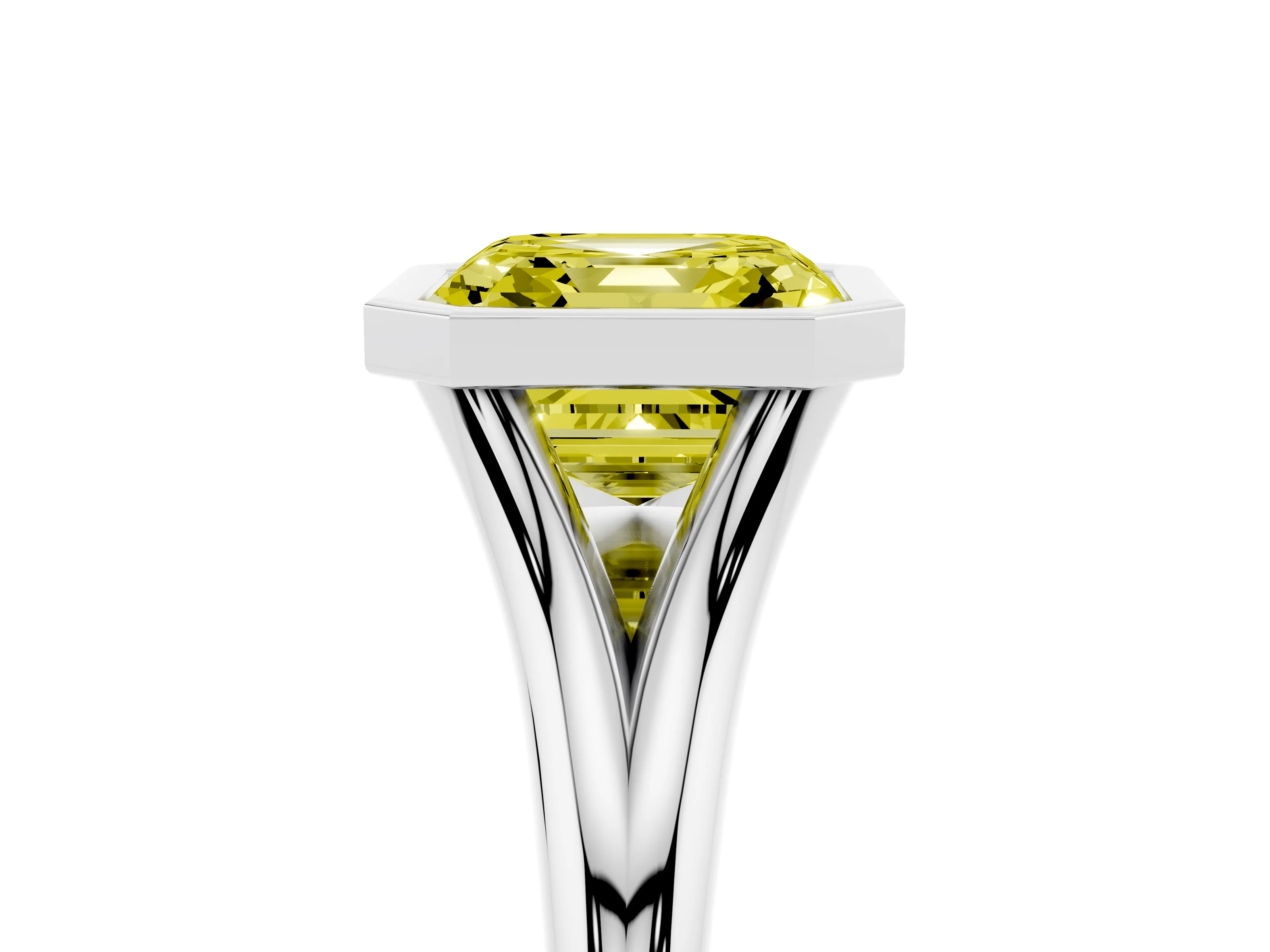Fancy Yellow Bezel Set Asscher Cut Diamond Solitaire Ring Set in Platinum with Tapered Band