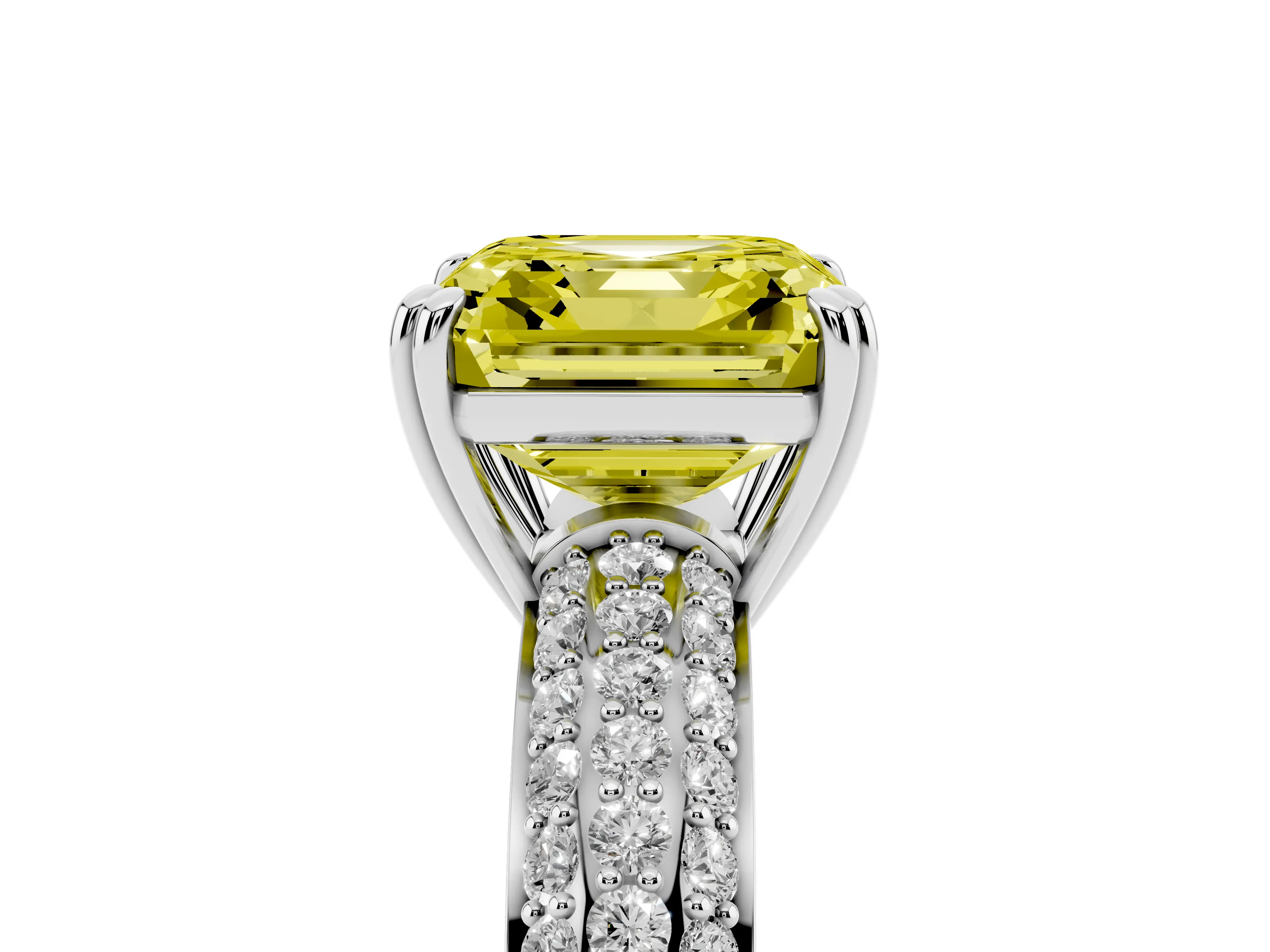 Fancy Yellow Asscher Cut Diamond Solitaire Ring Set in Platinum with Multi-Row Round Pavé Band and Prong Setting