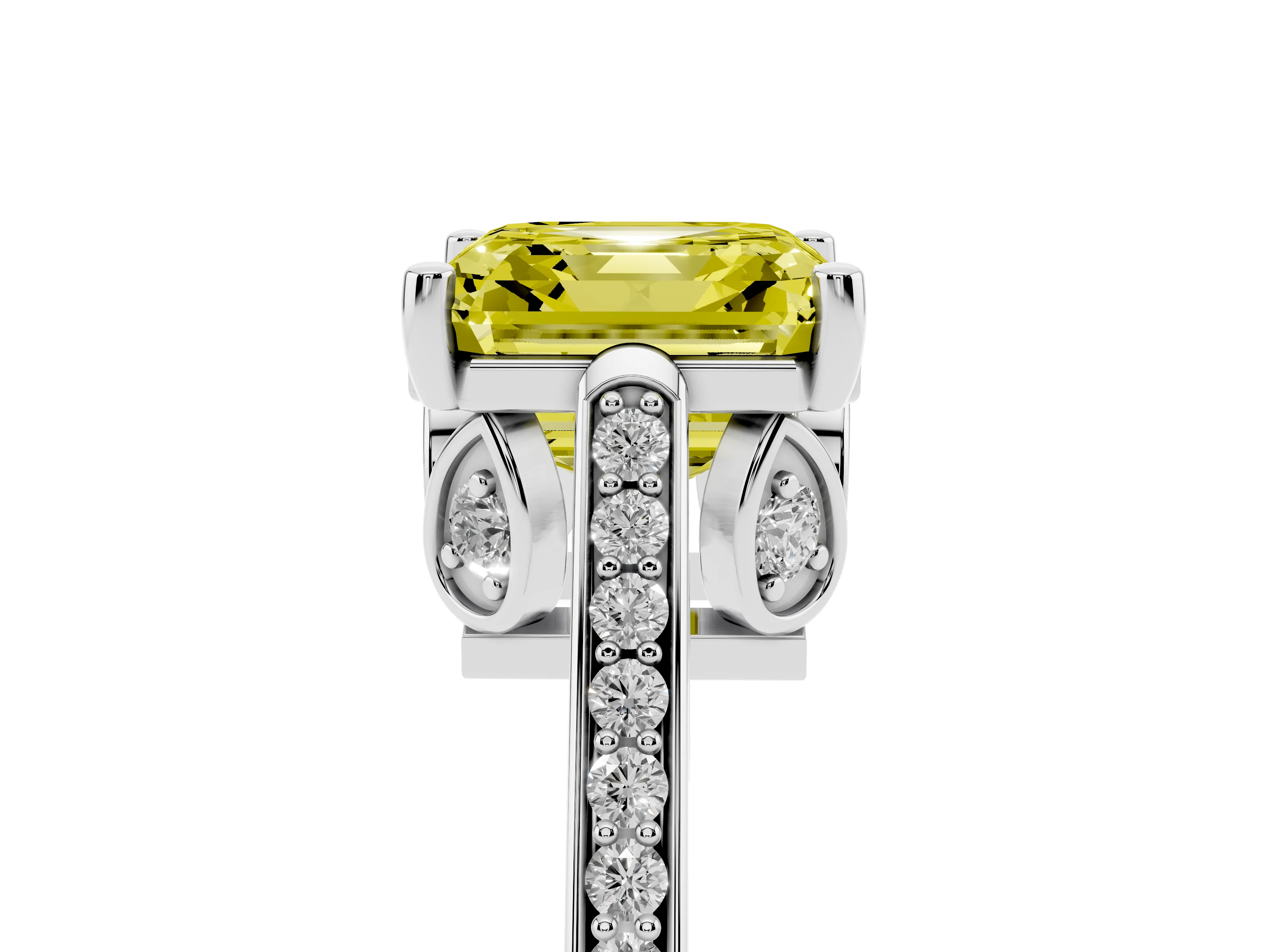 Fancy Yellow Asscher Cut Diamond Cathedral Pavé Engagement Ring Set in Silver with Prong Setting