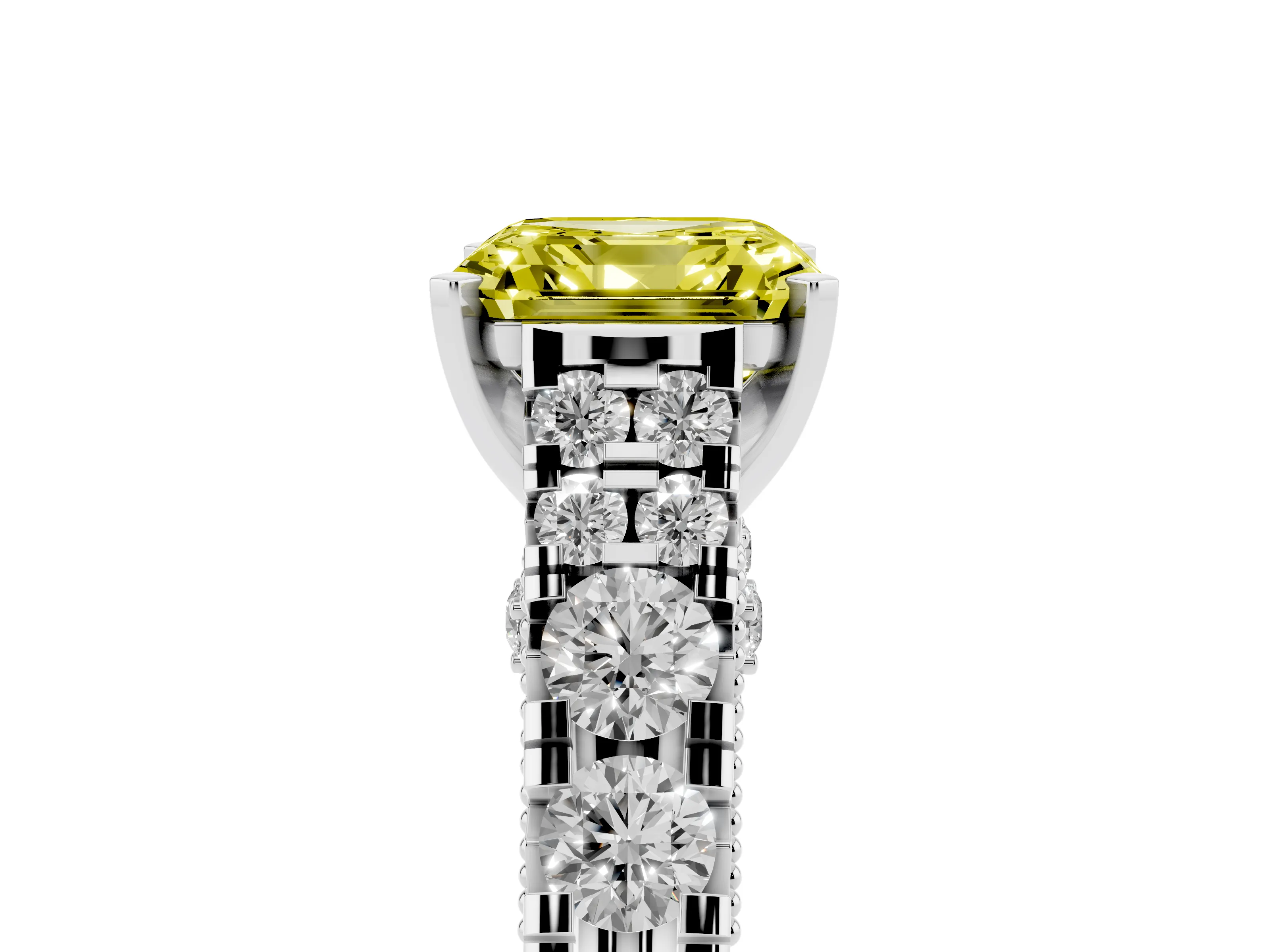 Fancy Yellow Asscher Cut Diamond Classic Solitaire Ring Set in White gold with Pavé Band and Prong Setting