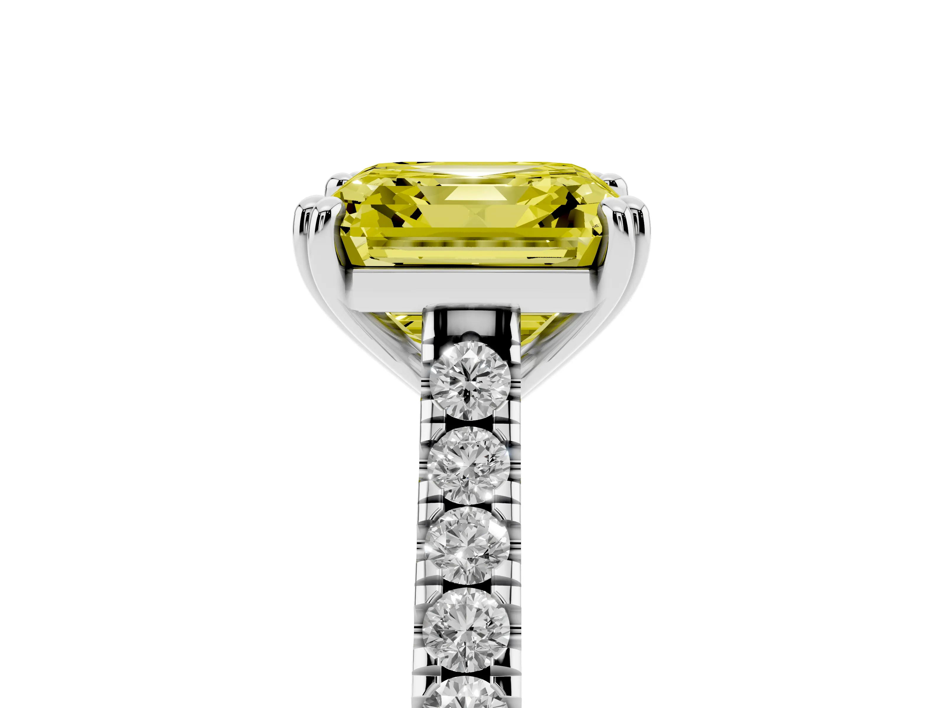 Fancy Yellow Asscher Cut Diamond Solitaire Engagement Ring Set in Platinum with Pavé Accents and Prong Setting