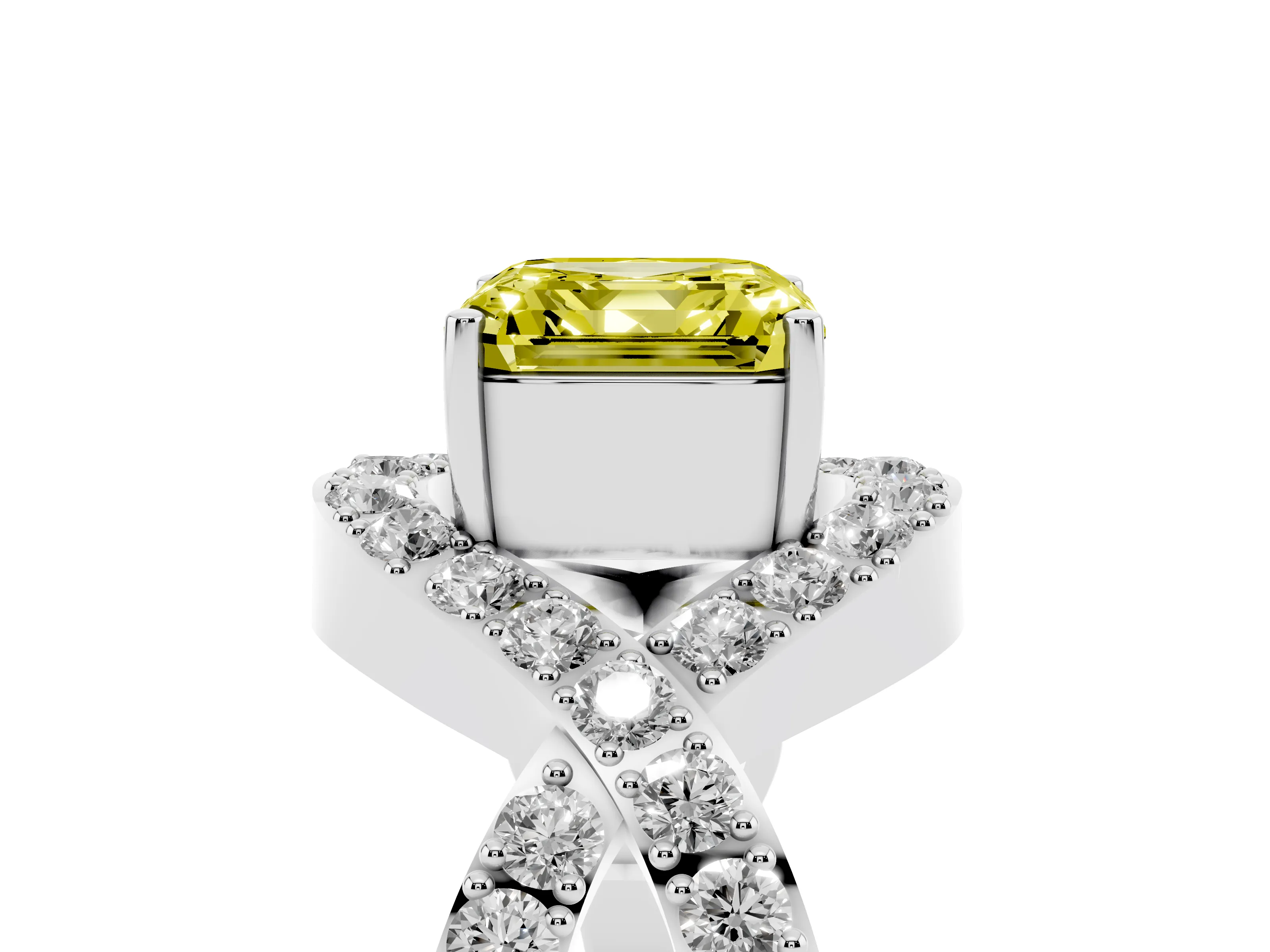 Fancy Yellow Asscher Cut Diamond Solitaire Twist Band Pavé Engagement Ring Set in Silver