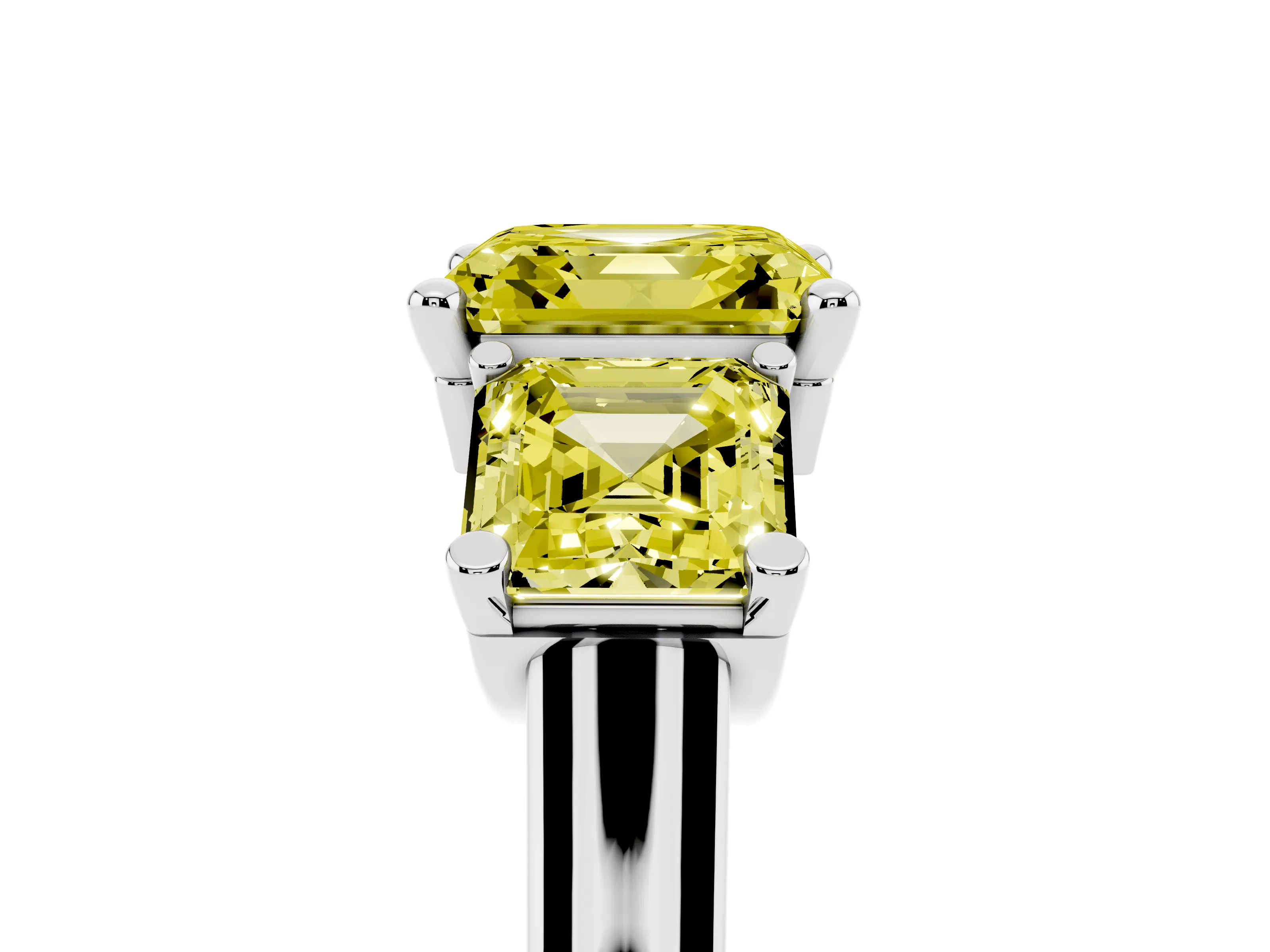 Fancy Yellow Asscher Cut Diamond Three-Stone Trellis Ring Set in Platinum with Comfort Fit Band